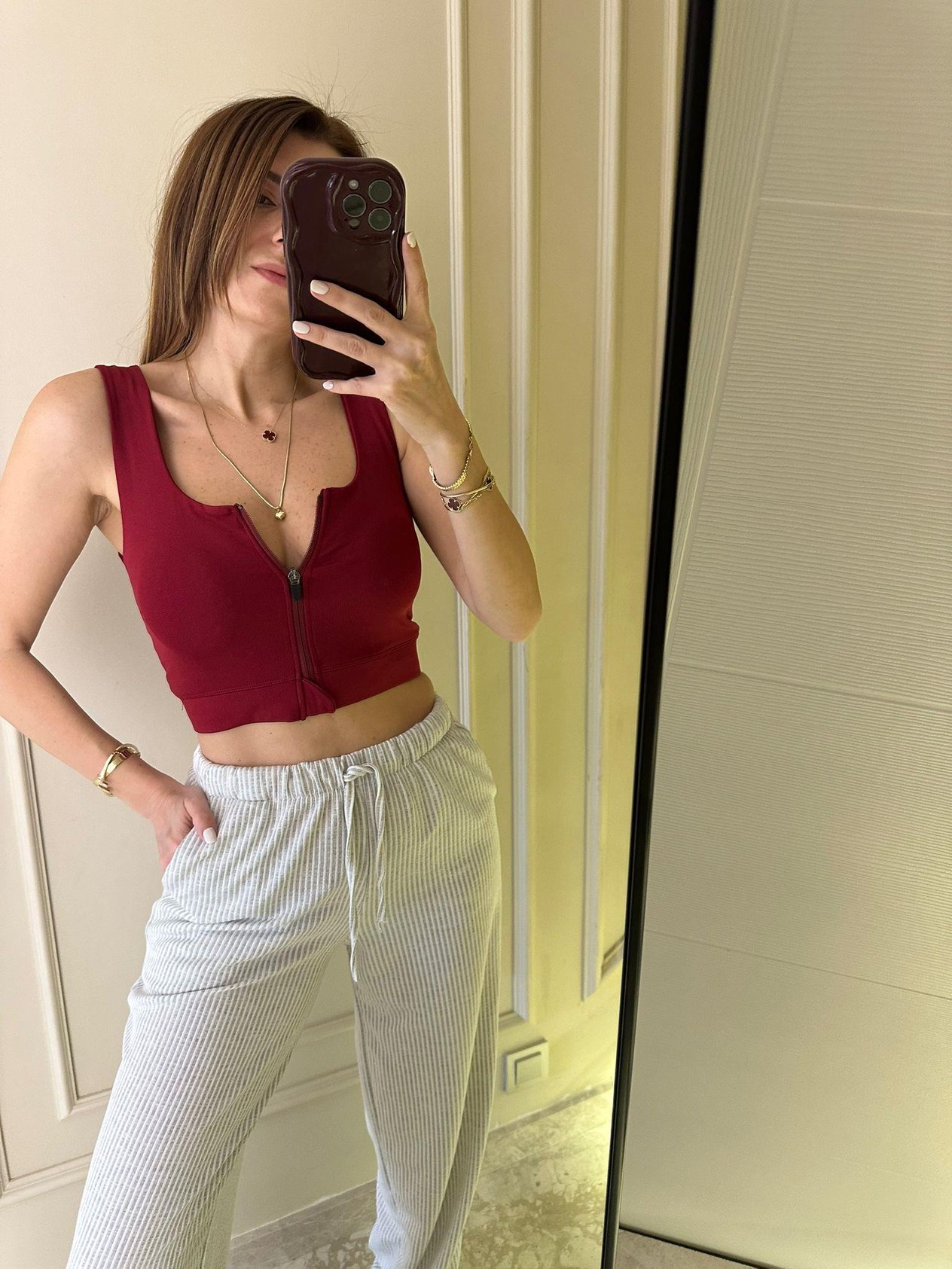 Bordo Fermuarlı Crop Top