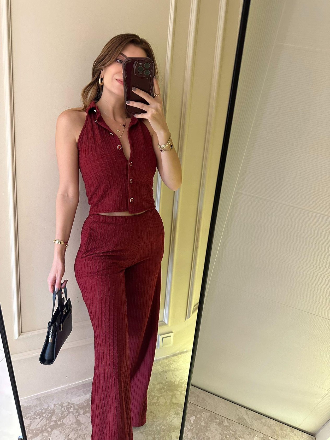 Bordo Gofre Kumaş Kolsuz Düğmeli Takım