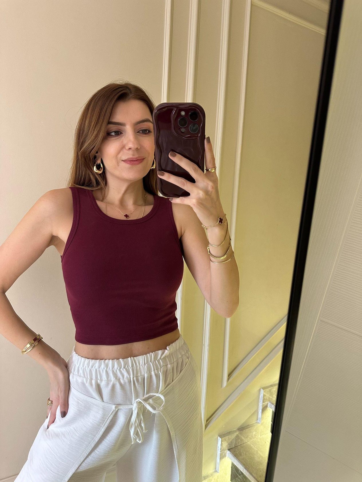 Bordo Halter Yaka Penye Crop