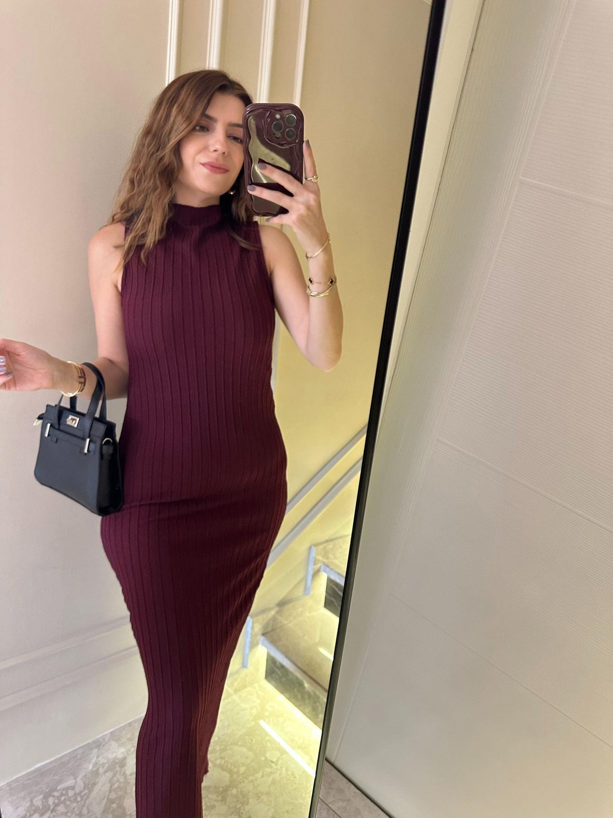 Bordo Kolsuz Çizgi Desen Elbise