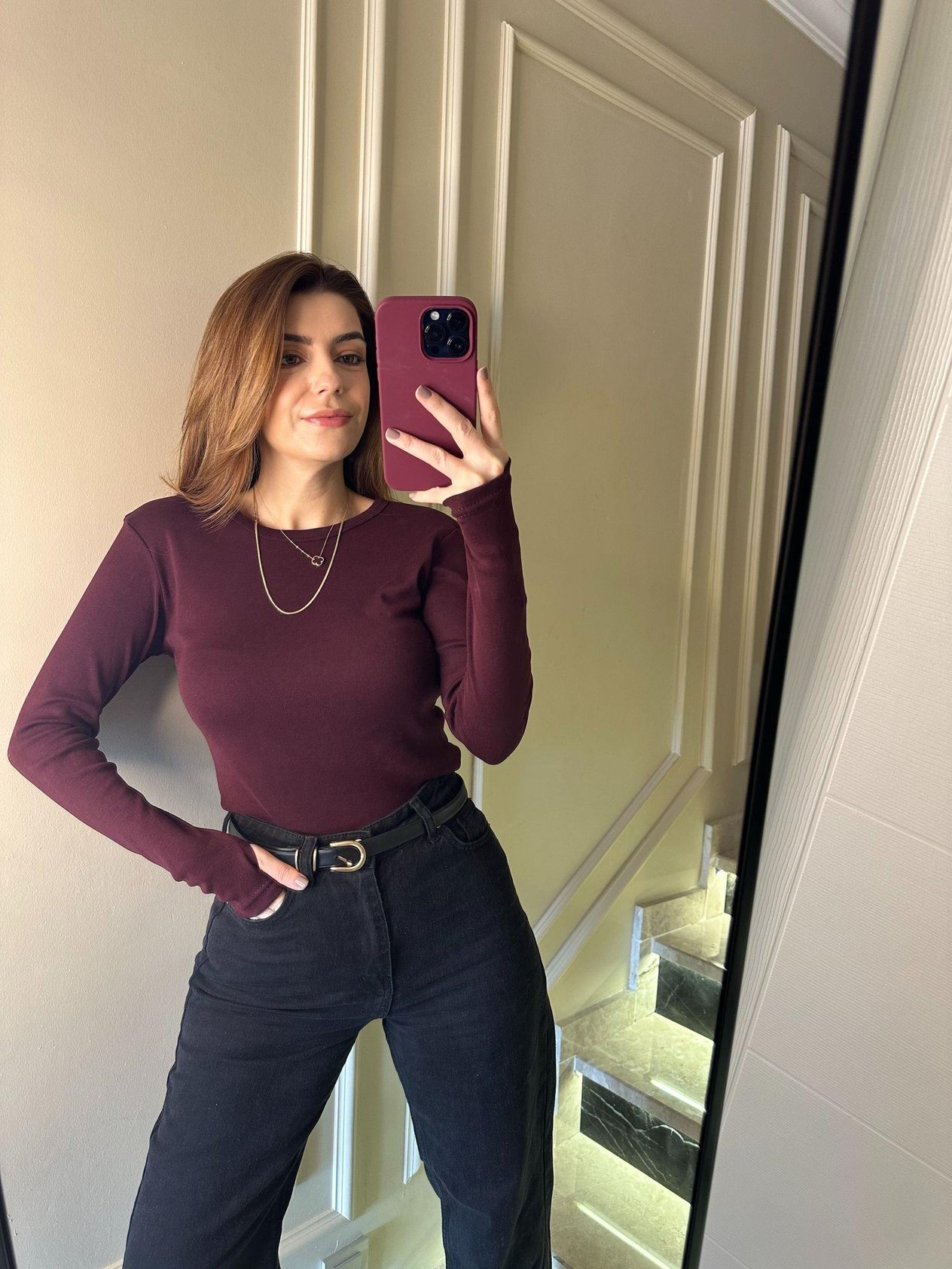 Bordo Parmak Geçmeli Bluz