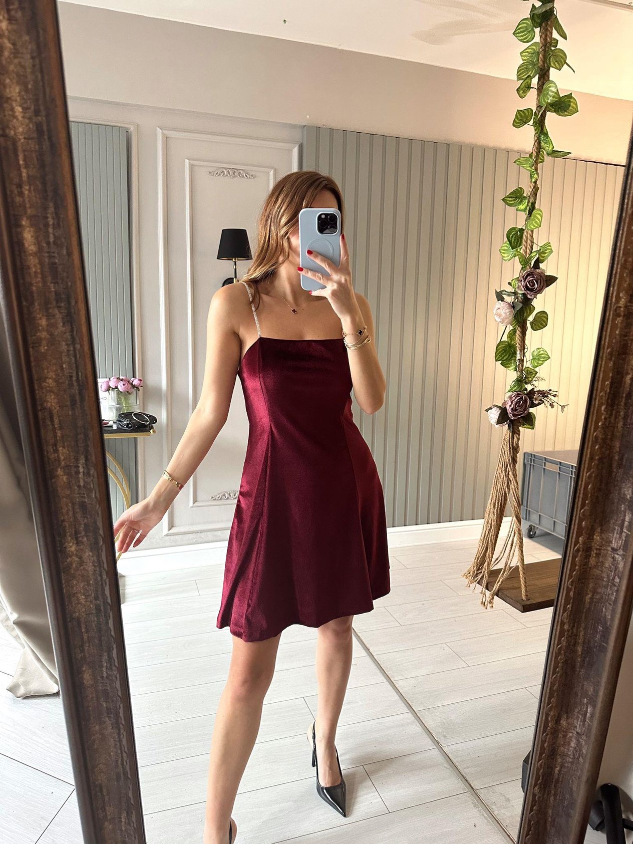 Askılı ElbiseBordo Taş Askılı Kadife Elbise