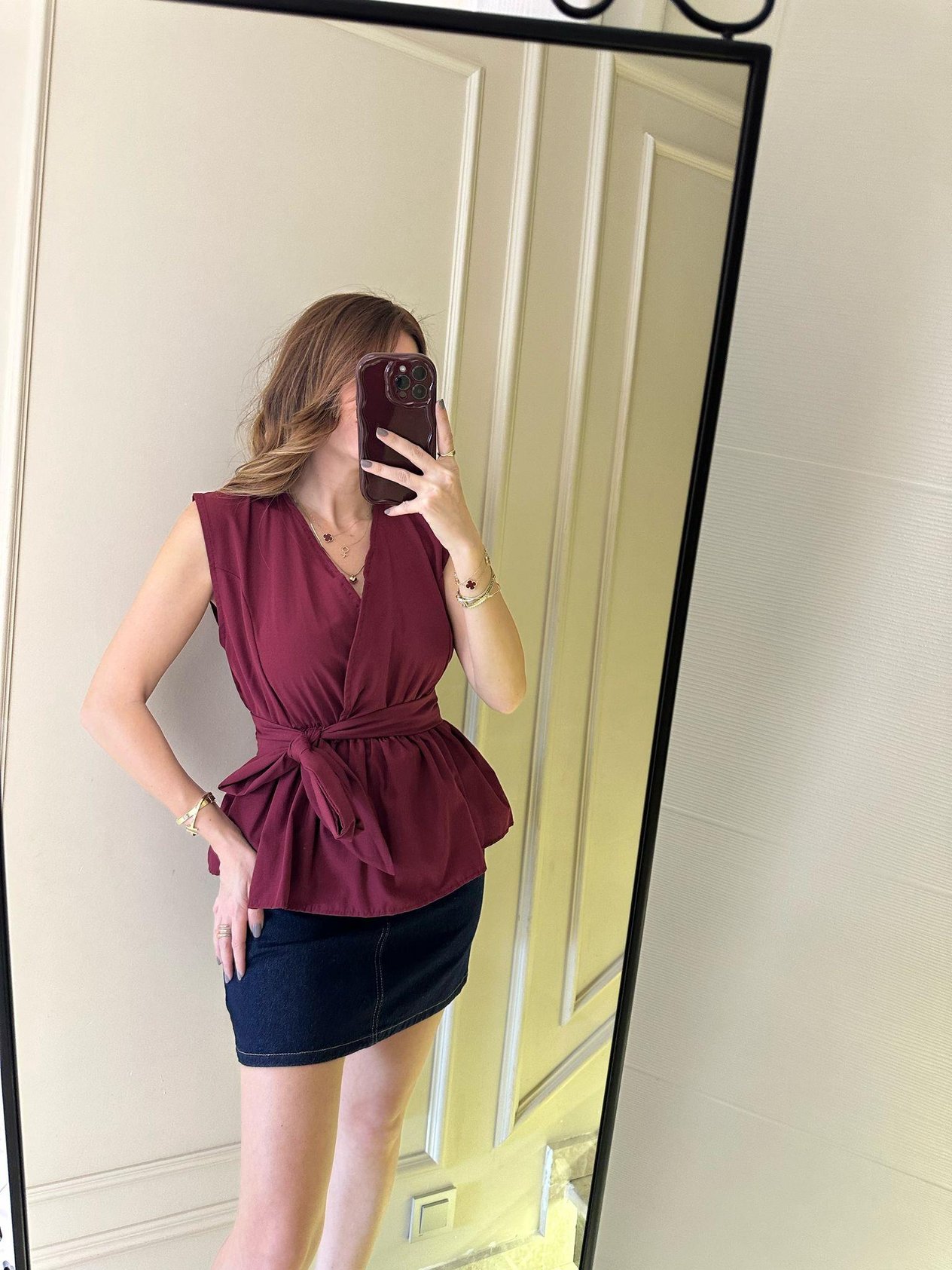 Bordo Terikoton Kumaş Kolsuz Bluz