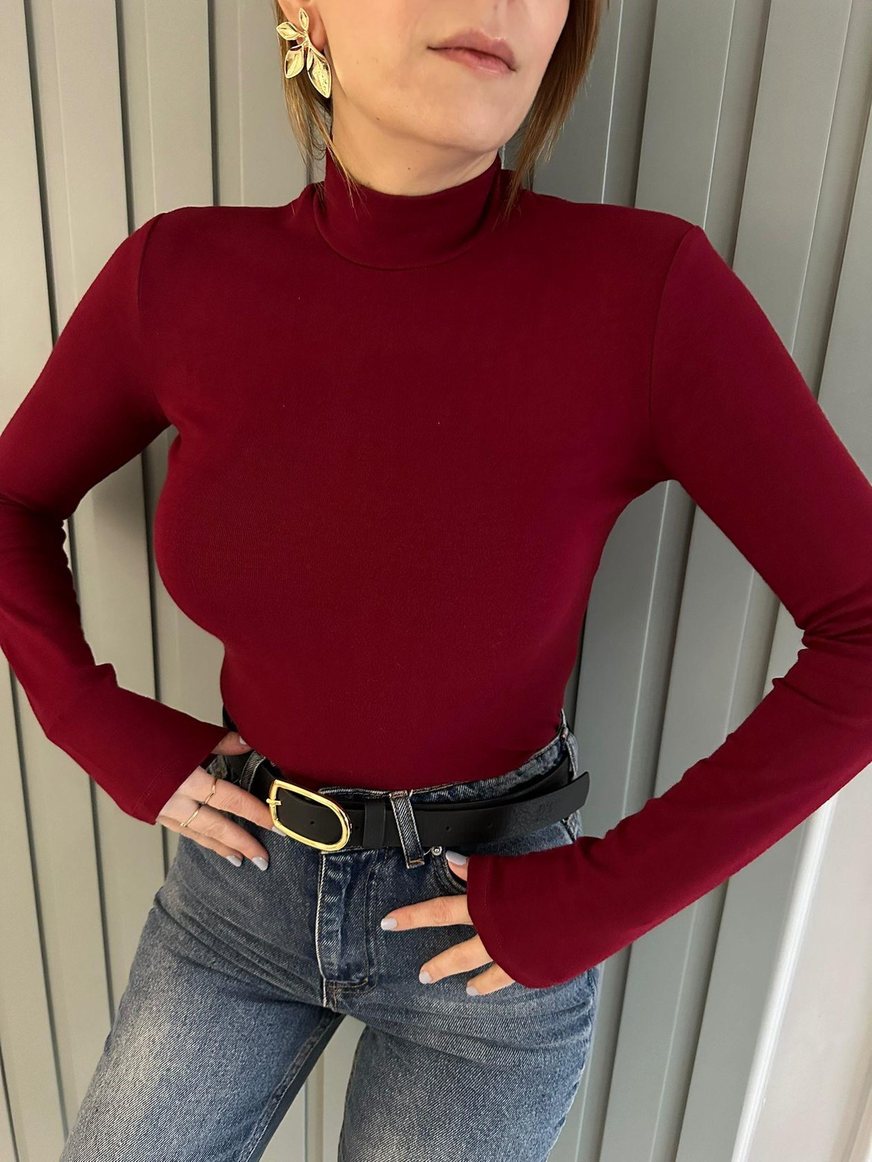 Bordo Uzun Kol Dik Yaka Body