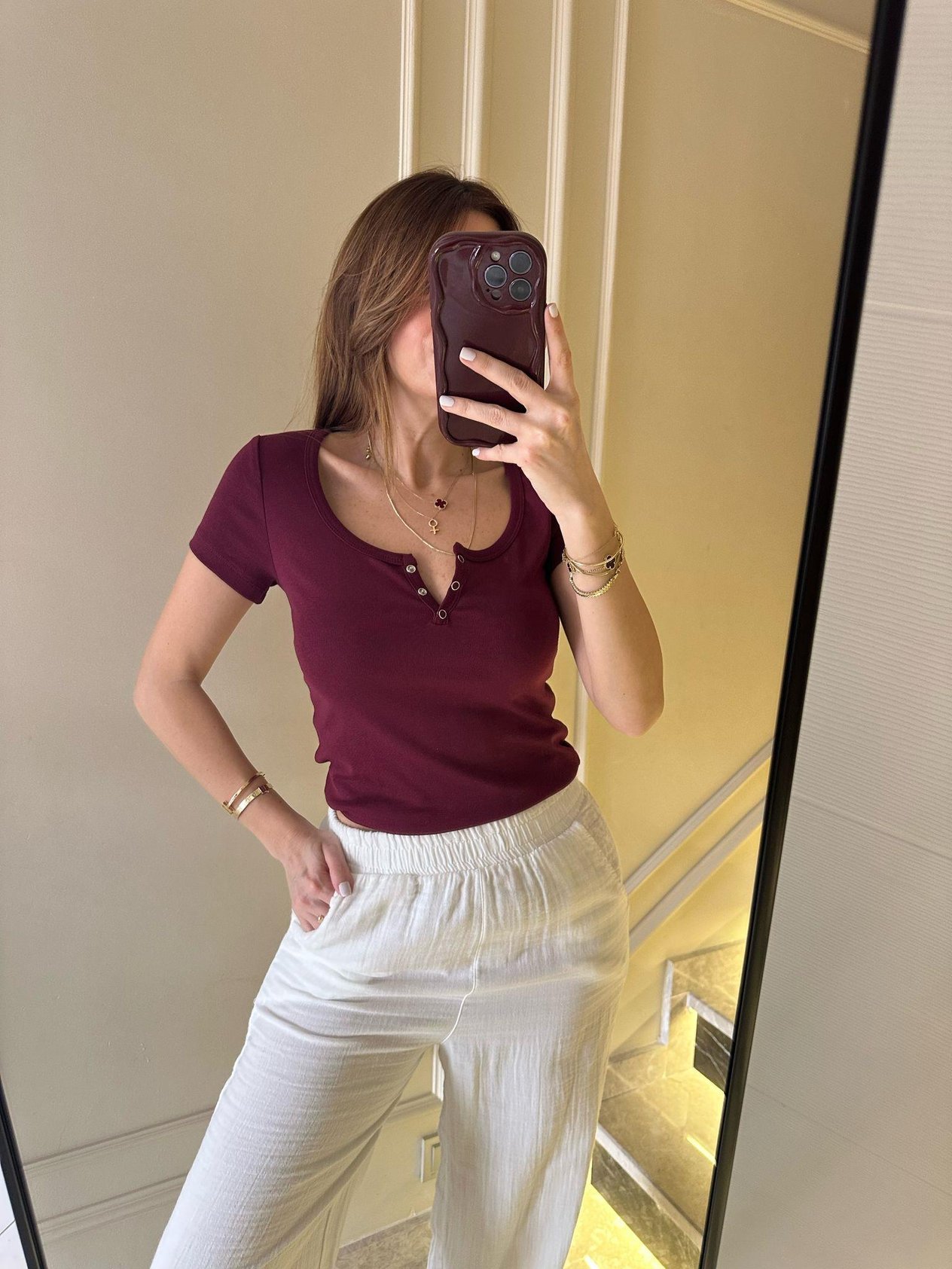 Bordo Yaka Çıtçıtlı Bluz