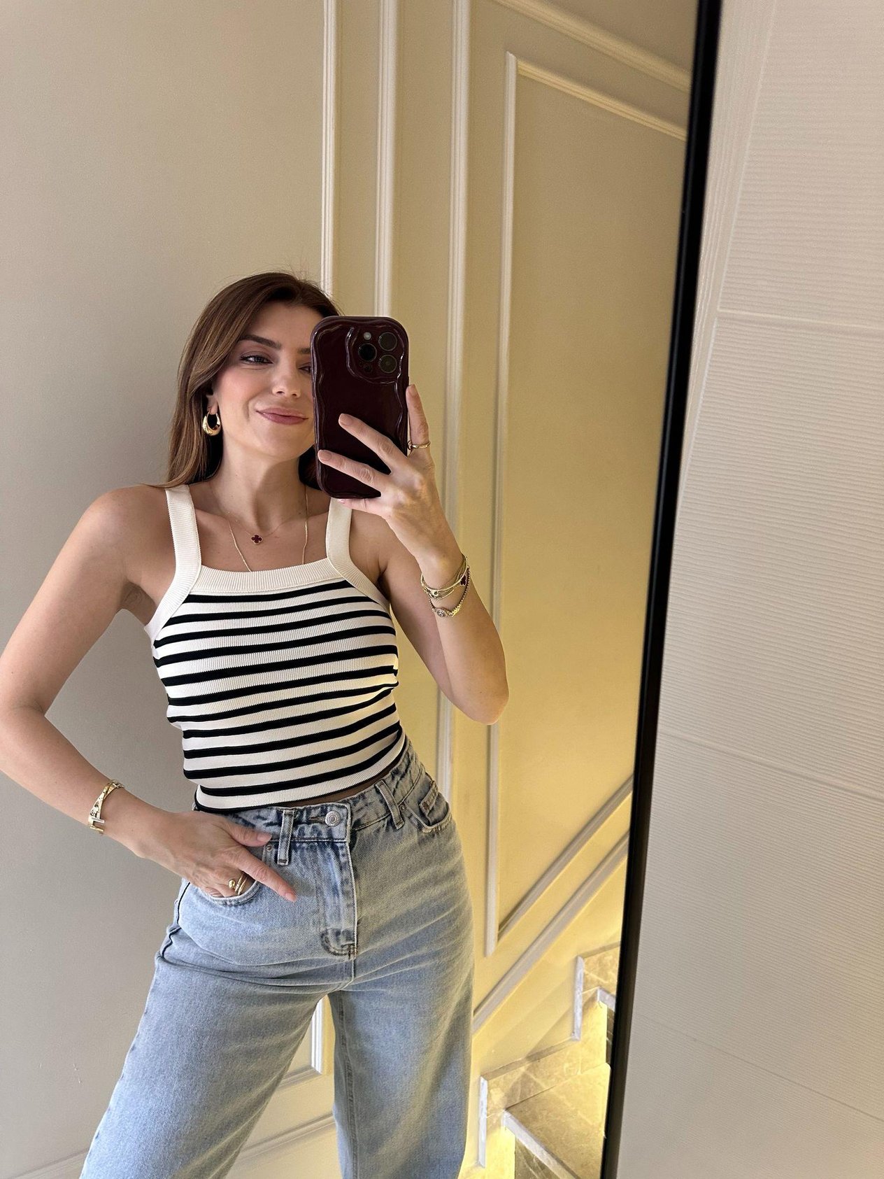 Çizgili Halter Yaka Triko Bluz