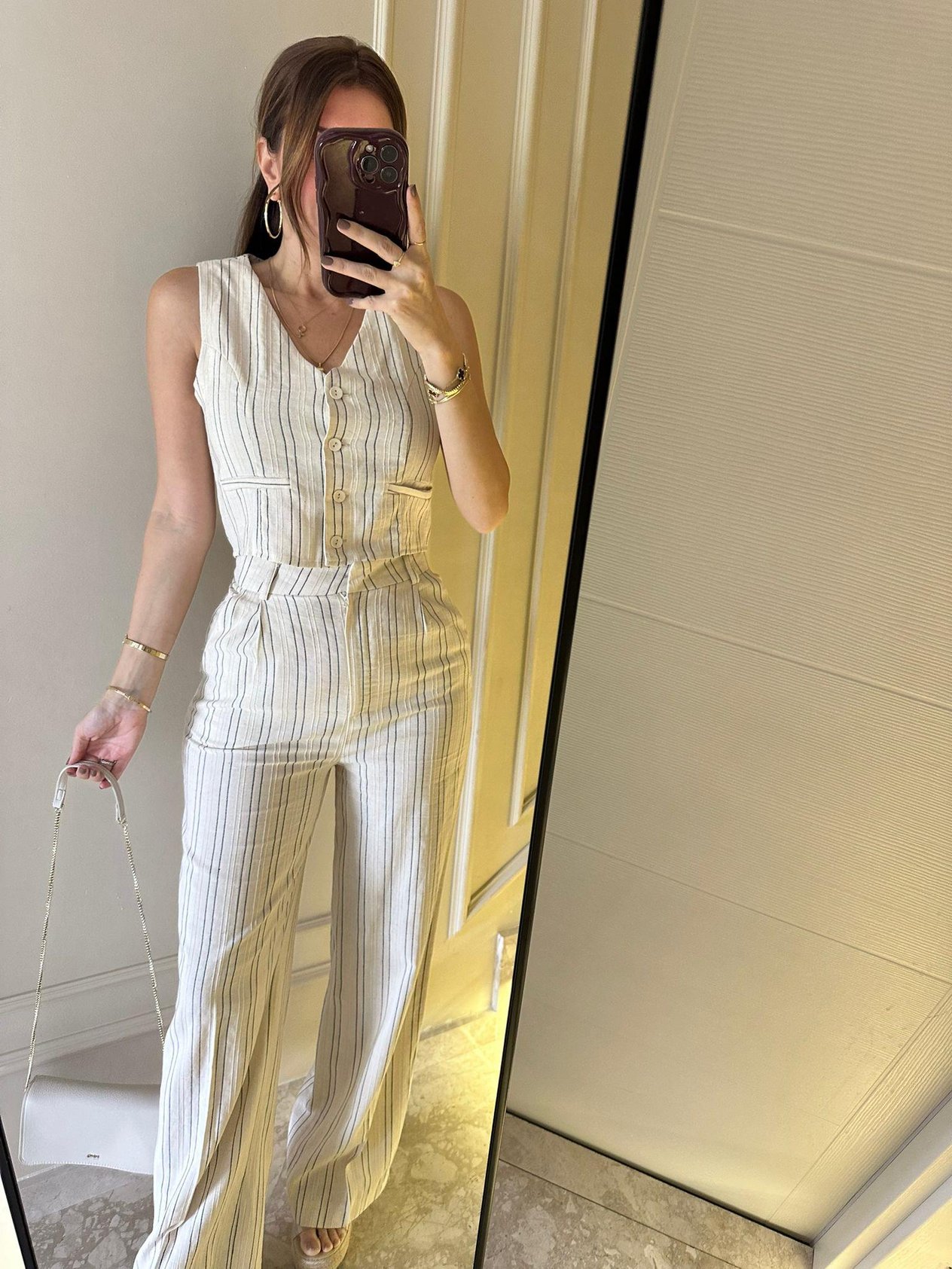 Pantolonlu TakımÇizgili Keten Takım