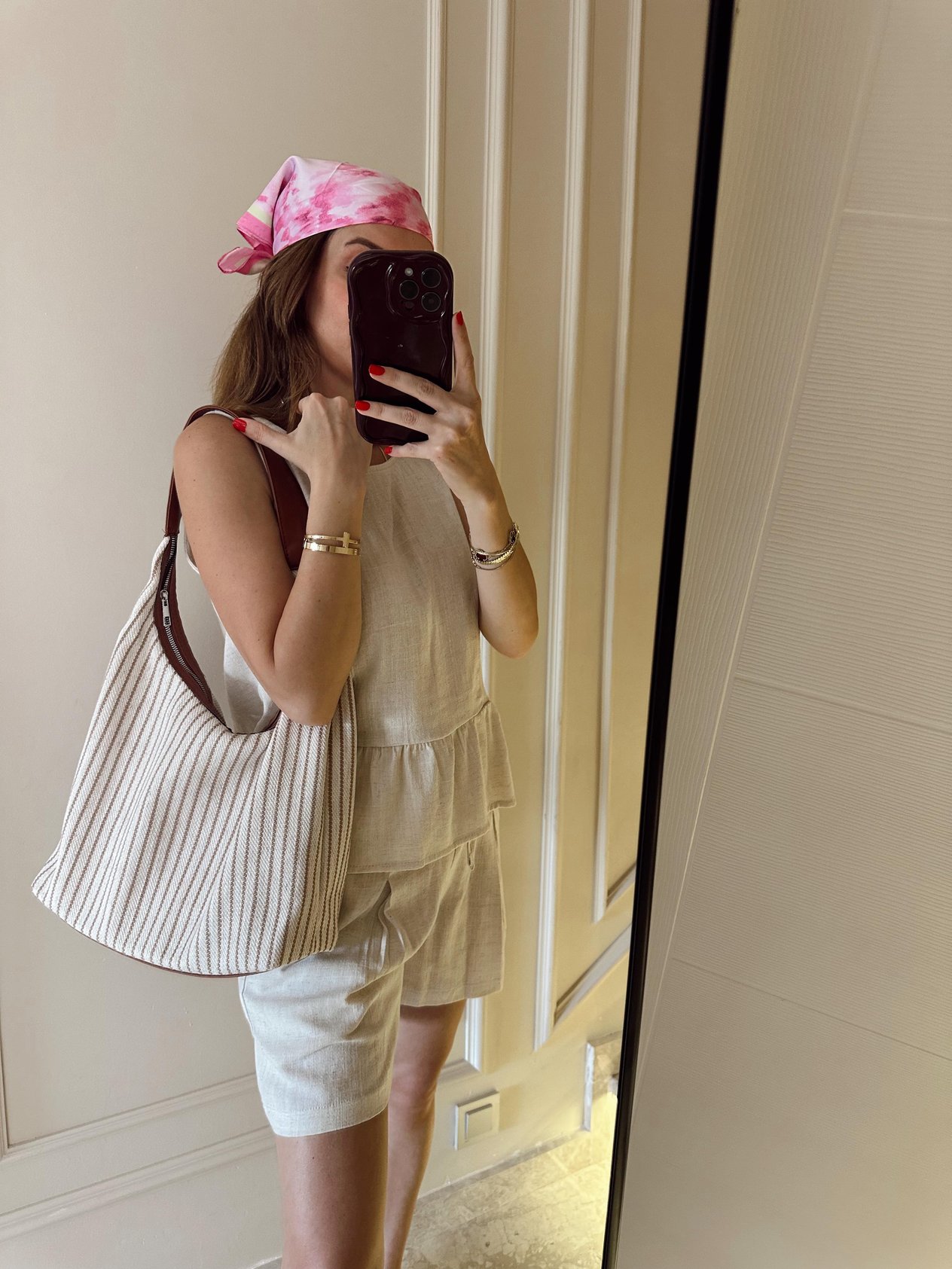 Omuz ÇantasıÇizgili Keten Vinil Çanta Taba