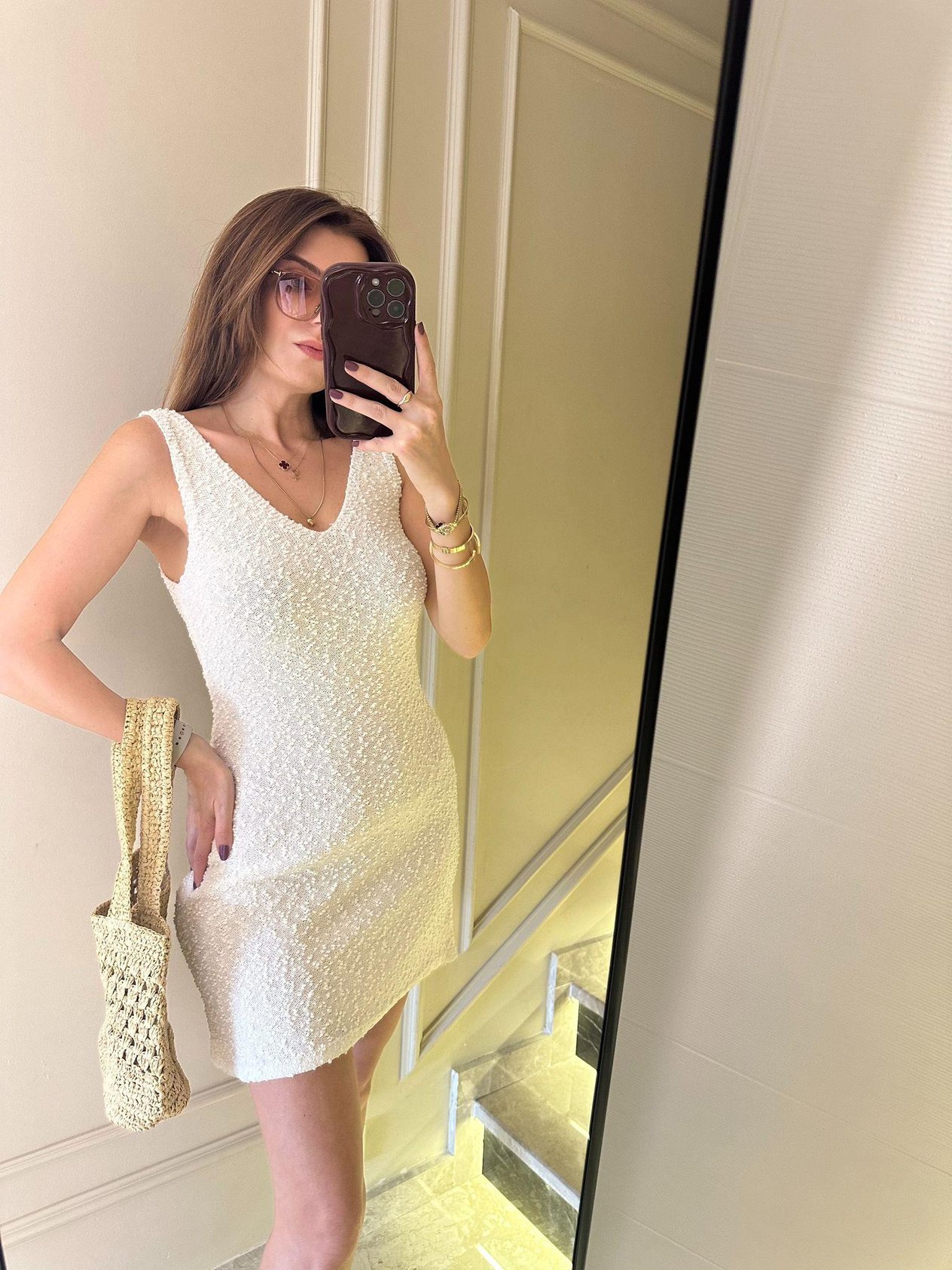Ekru Çift V Mini Elbise