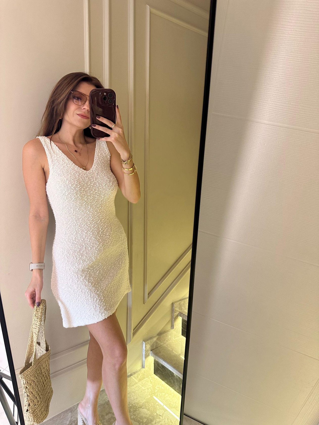 V Yaka ElbiseEkru Çift V Mini Elbise