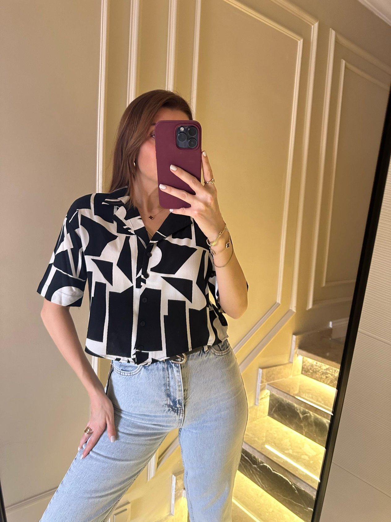 Crop GömlekGeometrik Desen Kısa Kol Gömlek