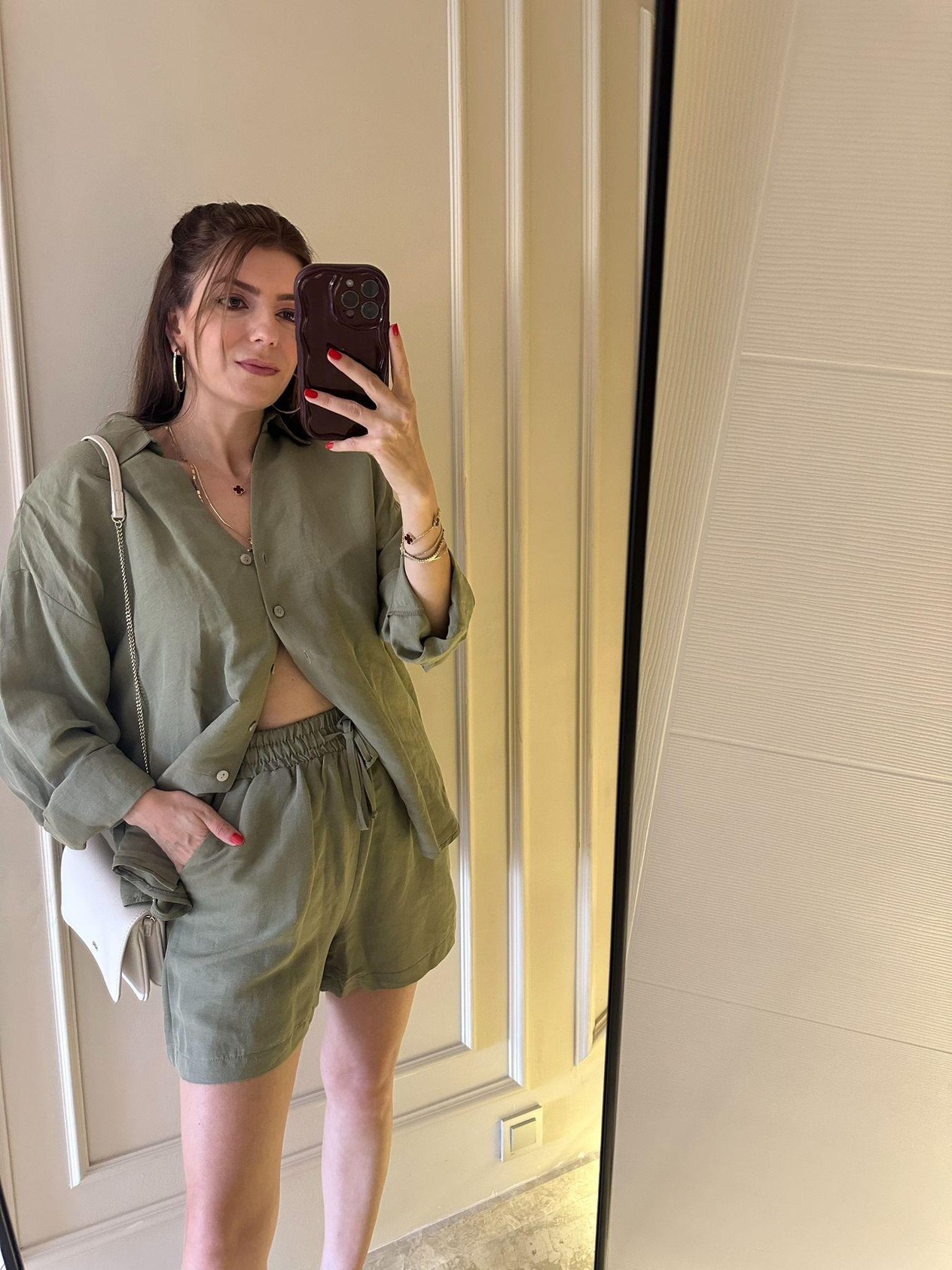 Şortlu TakımHaki Oversize Gömlek Şort Keten Takım