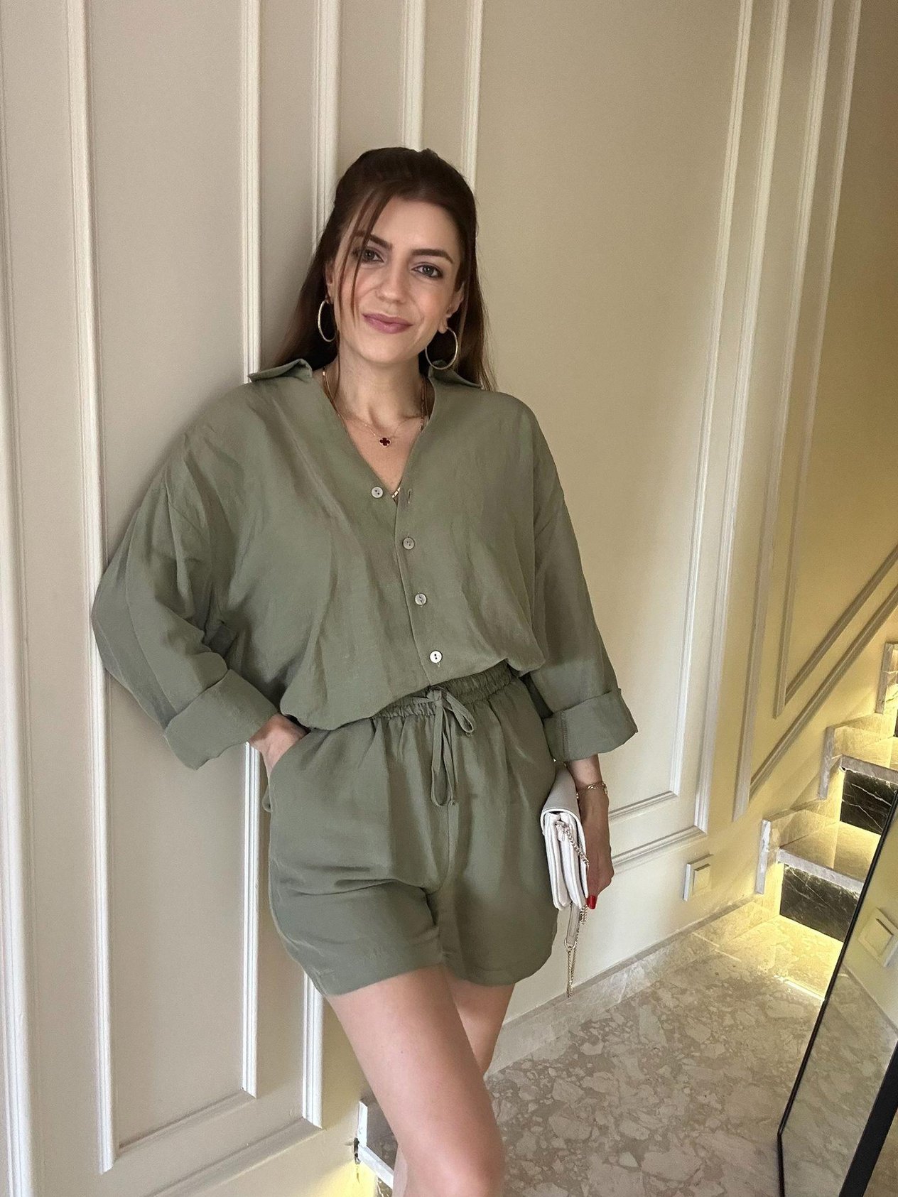 Şortlu TakımHaki Oversize Gömlek Şort Keten Takım