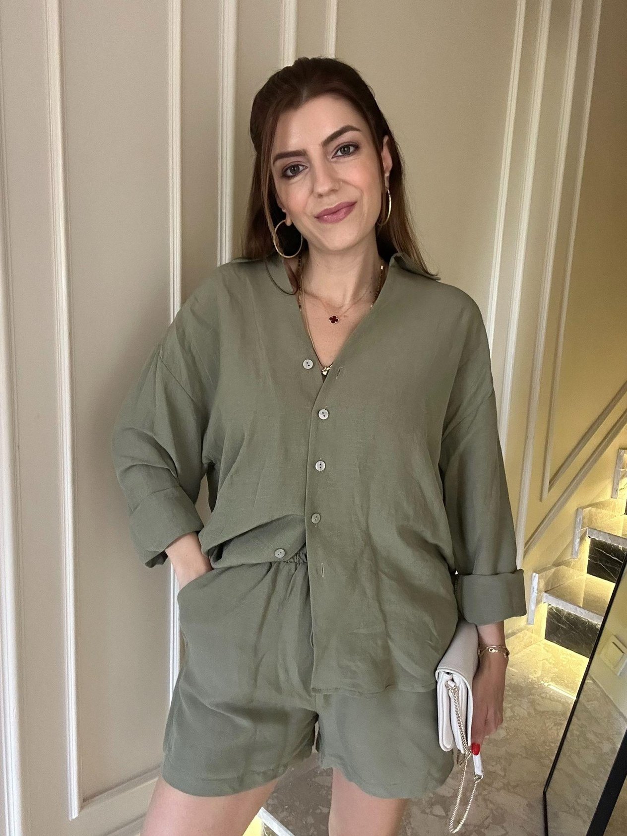 Şortlu TakımHaki Oversize Gömlek Şort Keten Takım