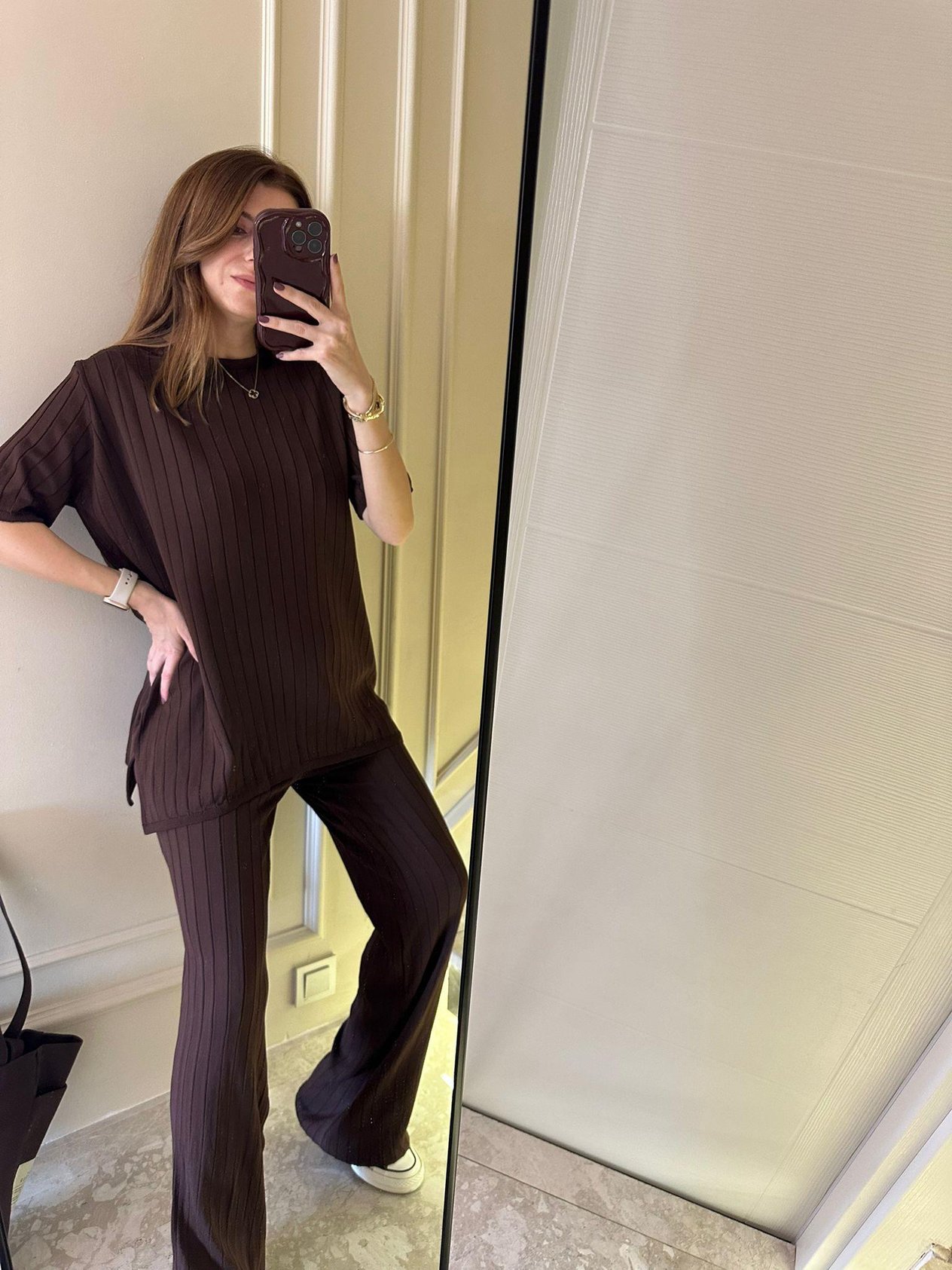 Pantolonlu TakımKahve Geniş Fitilli Triko Takım