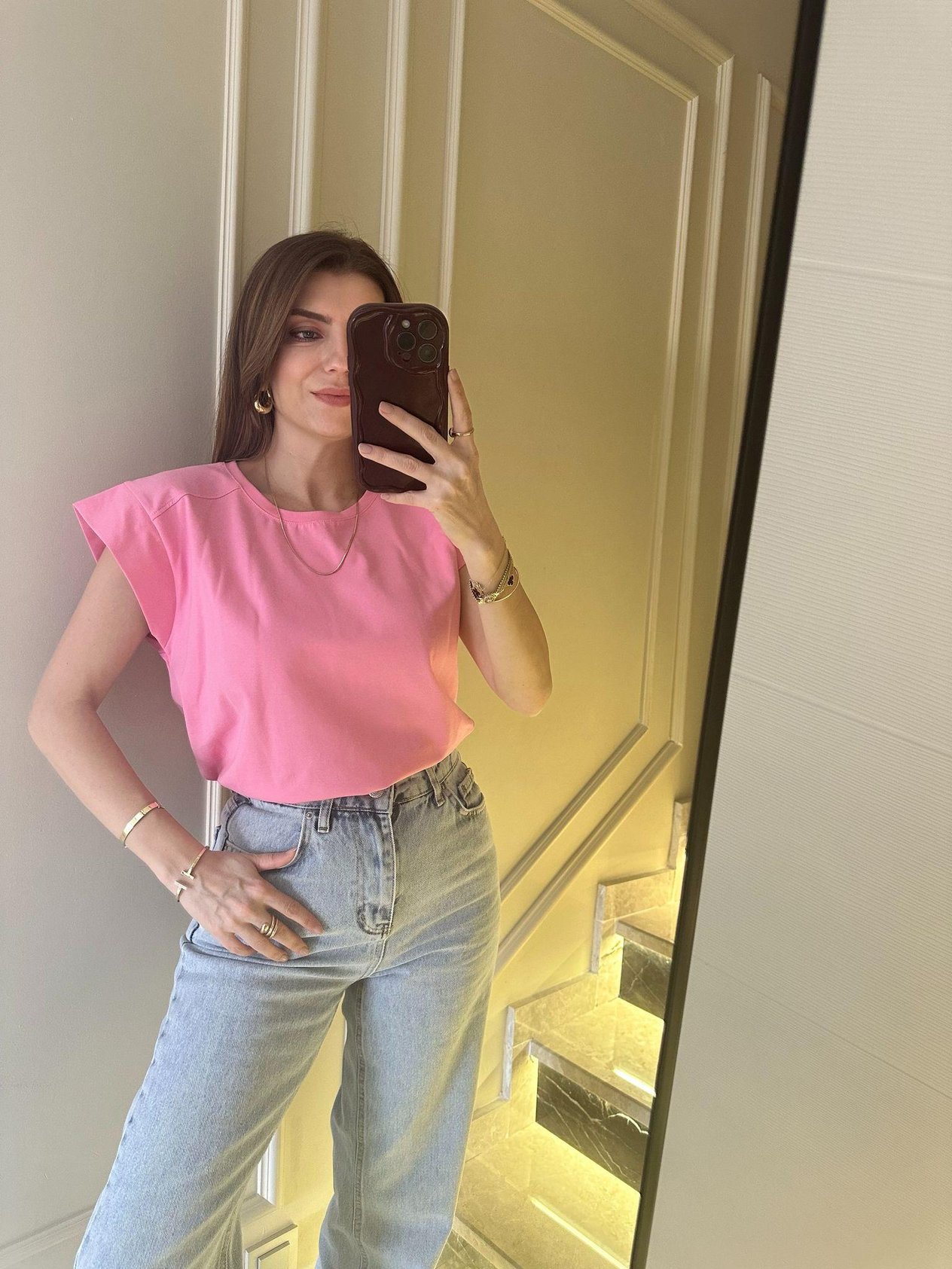 Bisiklet Yaka TişörtPembe Bisiklet Yaka Kolsuz Tişört