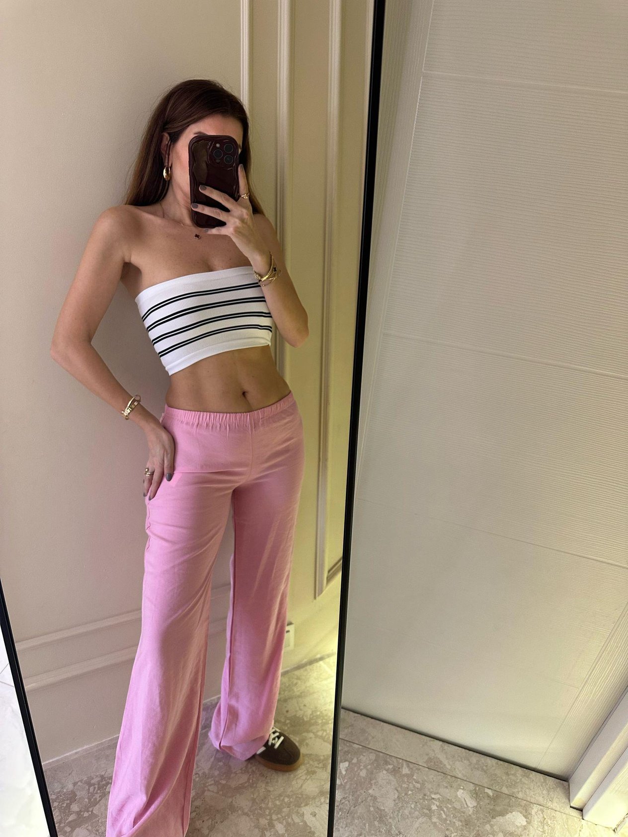 Beli Lastikli PantolonPembe Bol Paça Tensel Pantolon