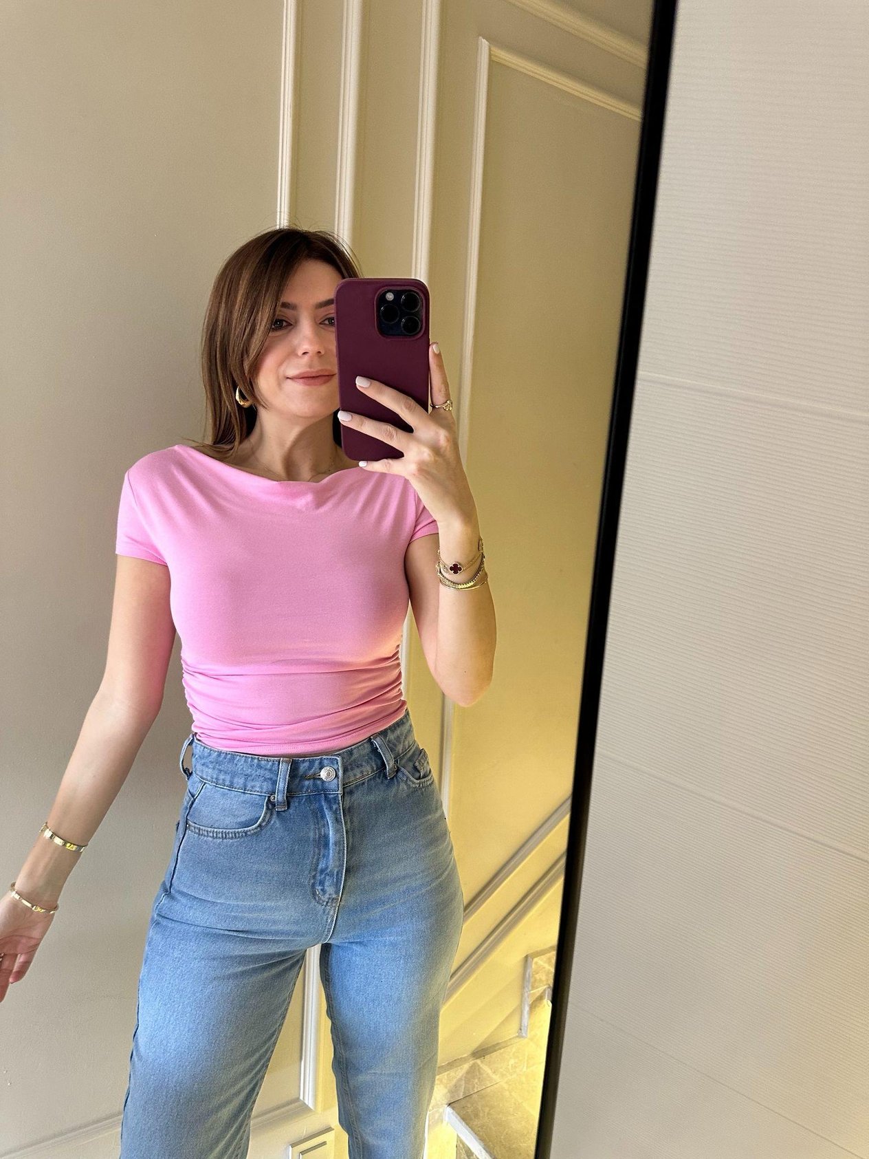 Pembe Büzgülü Kayık Yaka Bluz