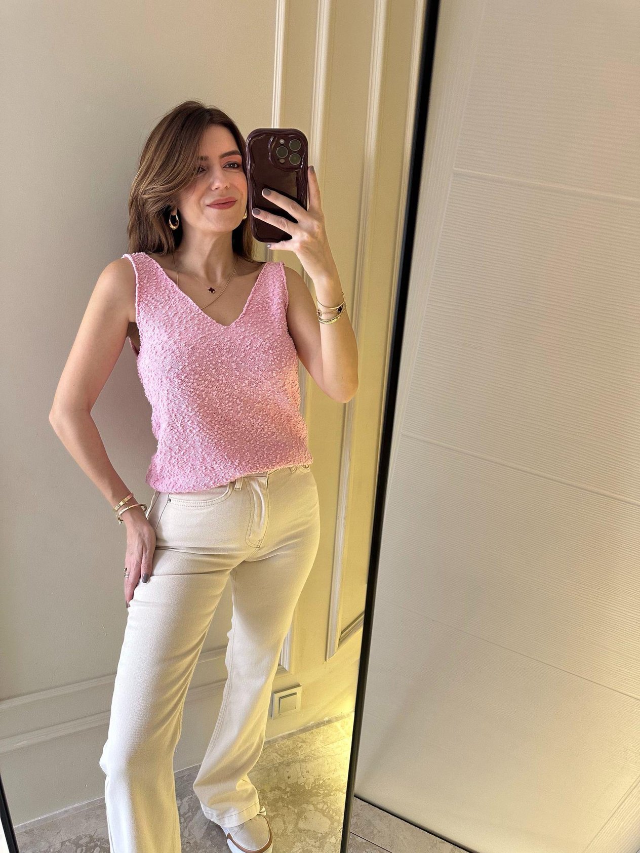 V Yaka BluzPembe Çift V Yaka Bluz