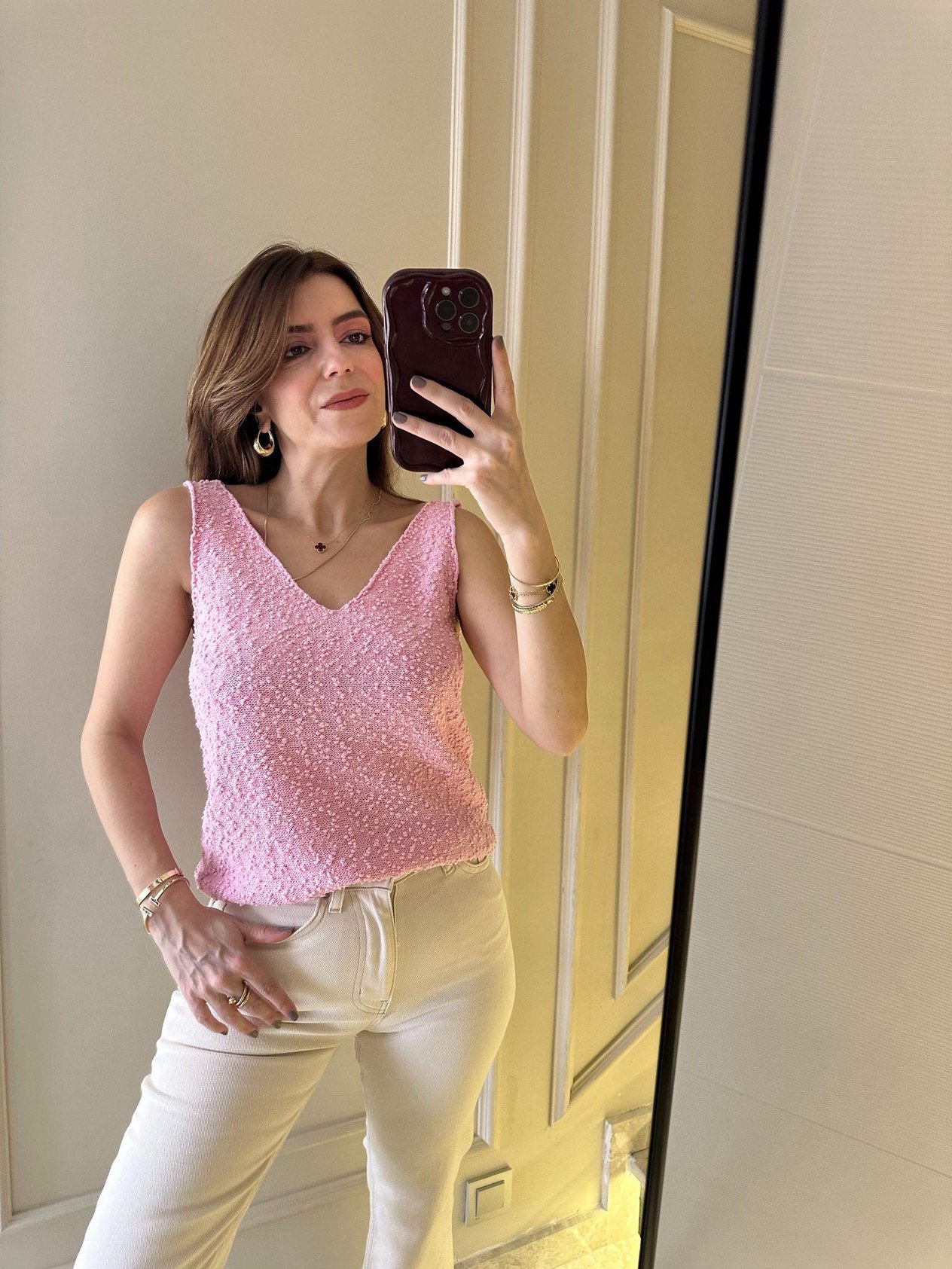 Pembe Çift V Yaka Bluz