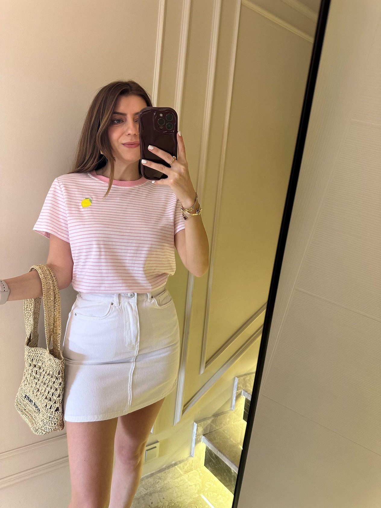 Pembe Çizgili Limon Nakış Tişört