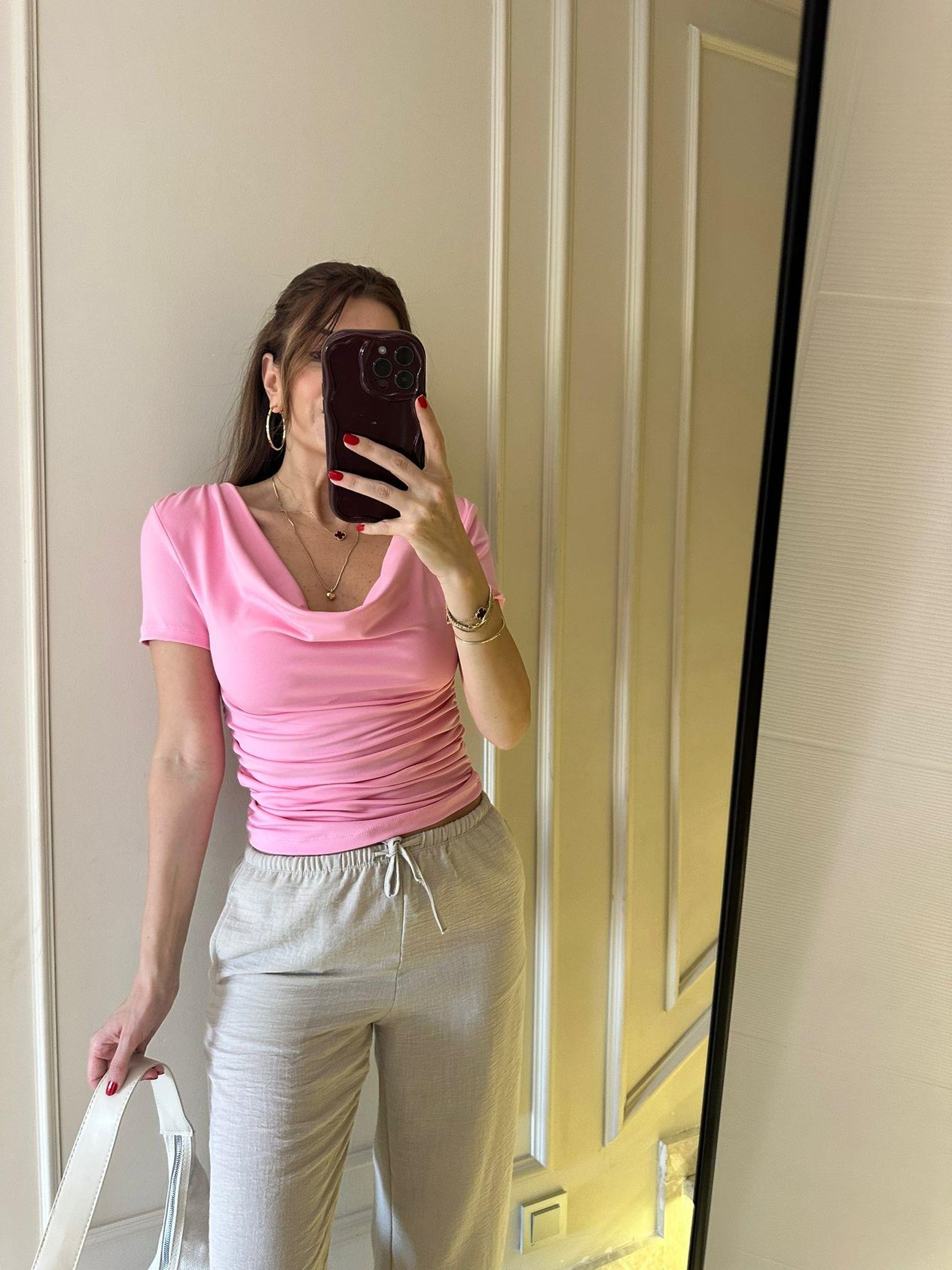 Pembe Degaje Yaka Yan Büzgü Bluz