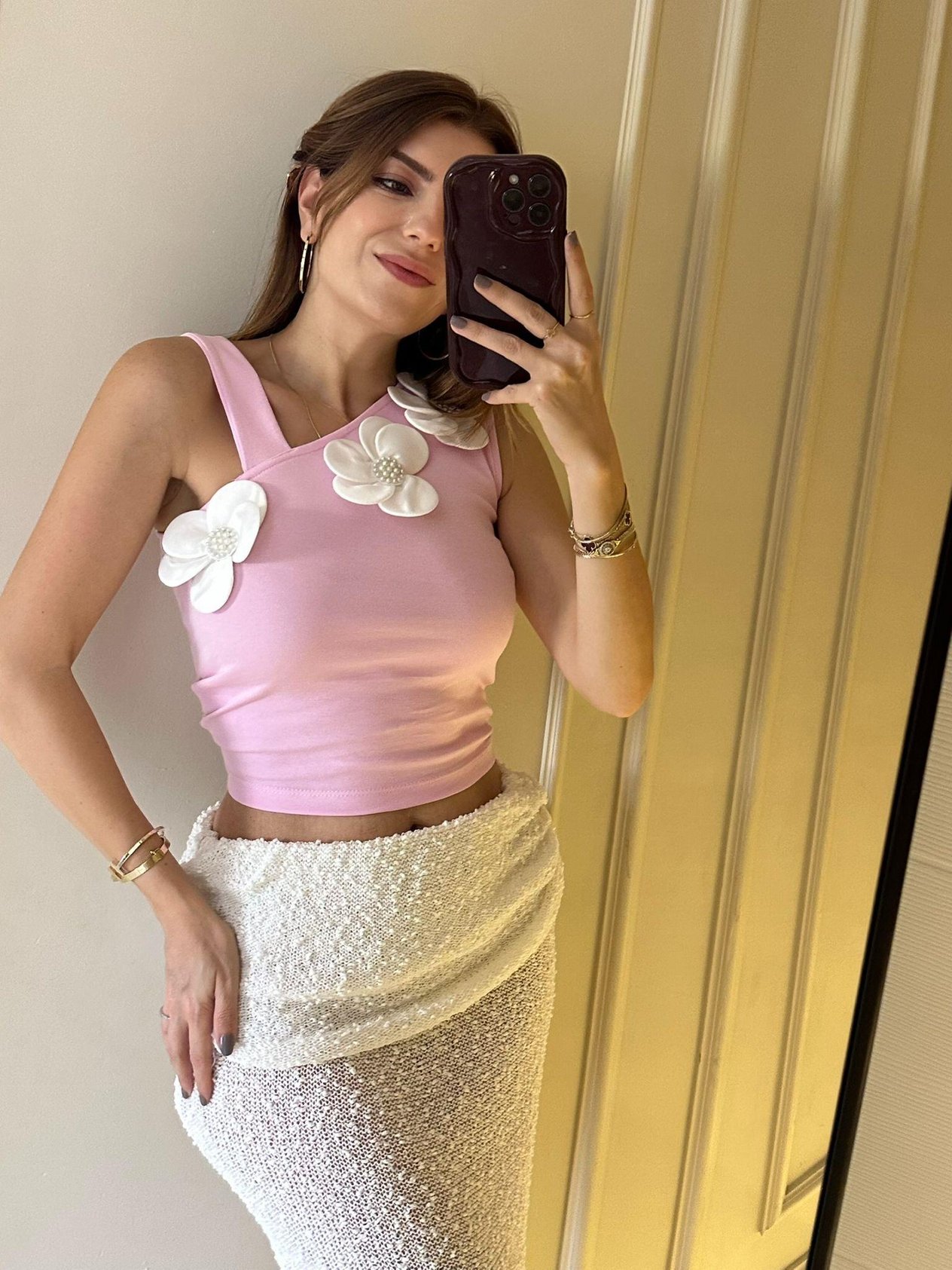 Pembe İncili Çiçek Detay Bluz