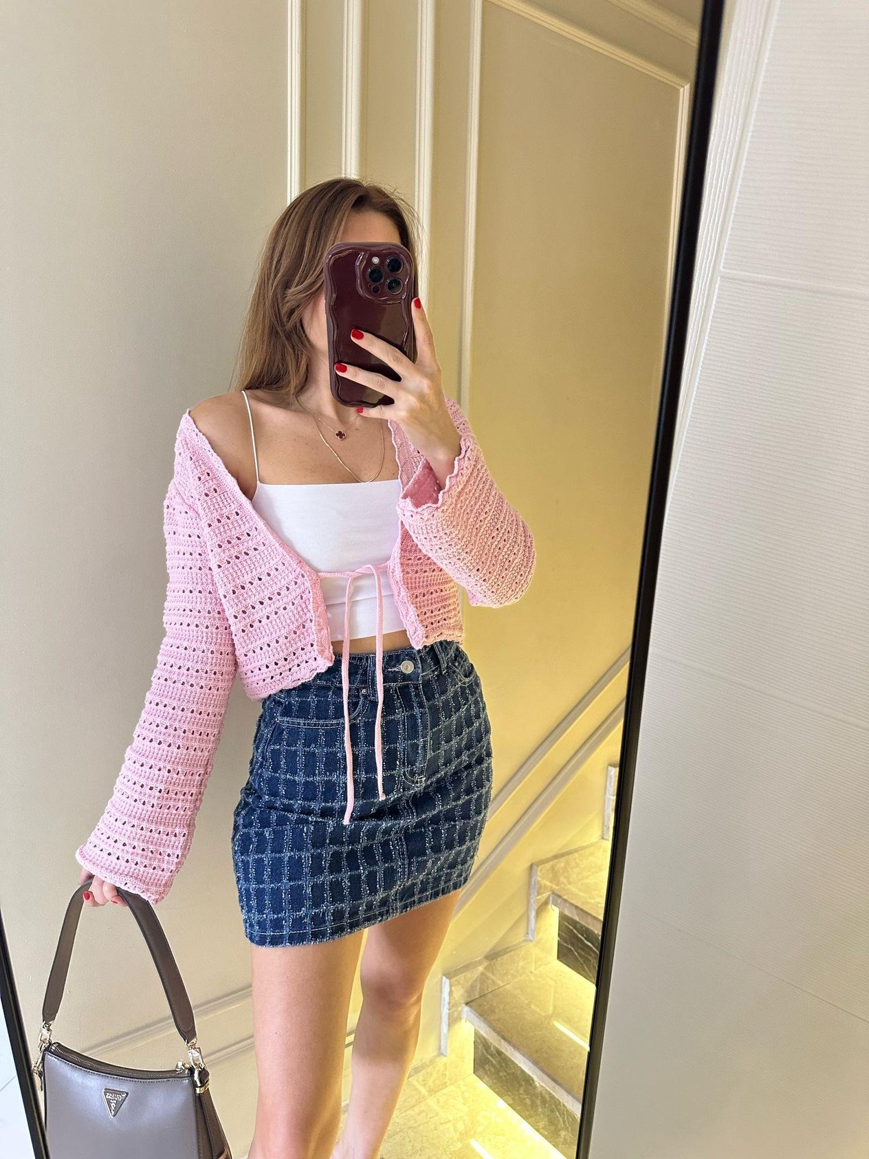 Pembe Kendinden Desenli Hırka