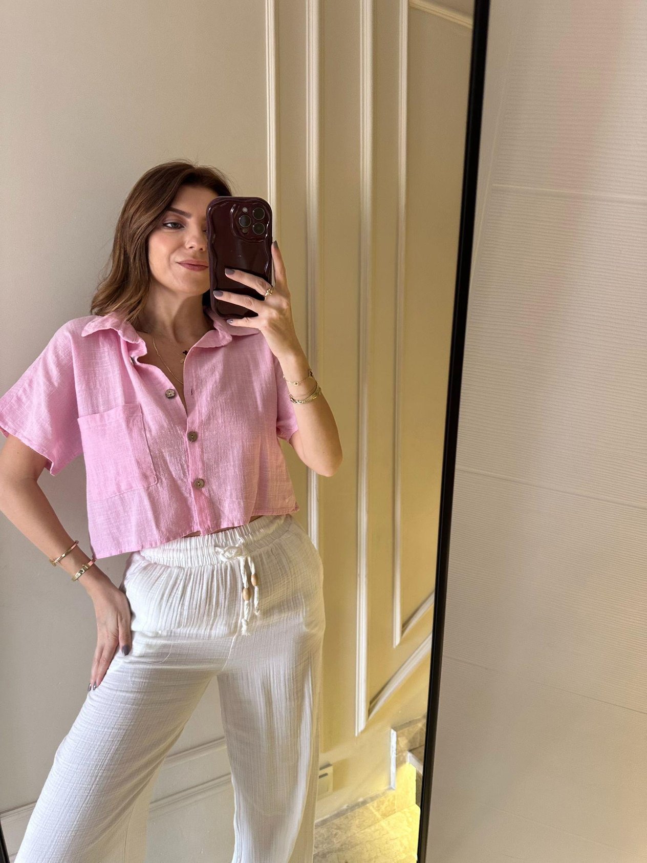 Keten GömlekPembe Kısa Kol Keten Gömlek