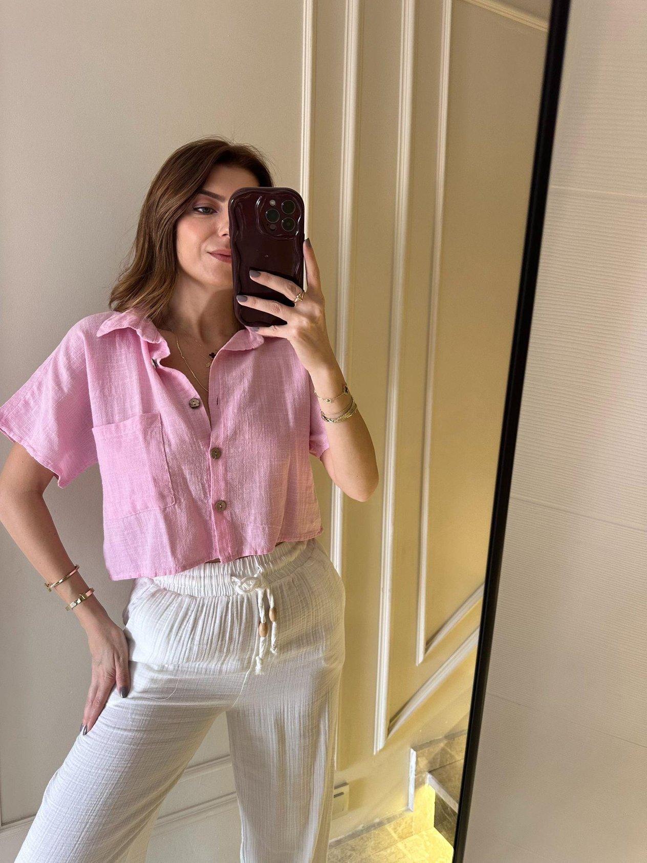 Pembe Kısa Kol Keten Gömlek
