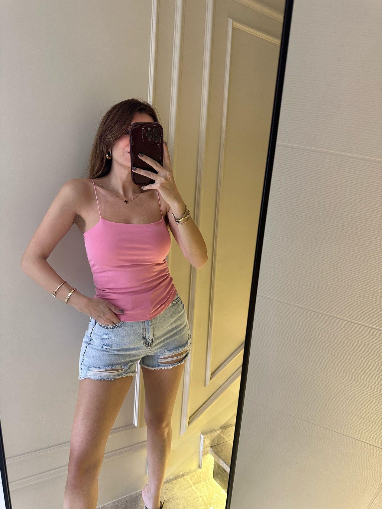Pembe Lastikli İp Askı Uzun Crop