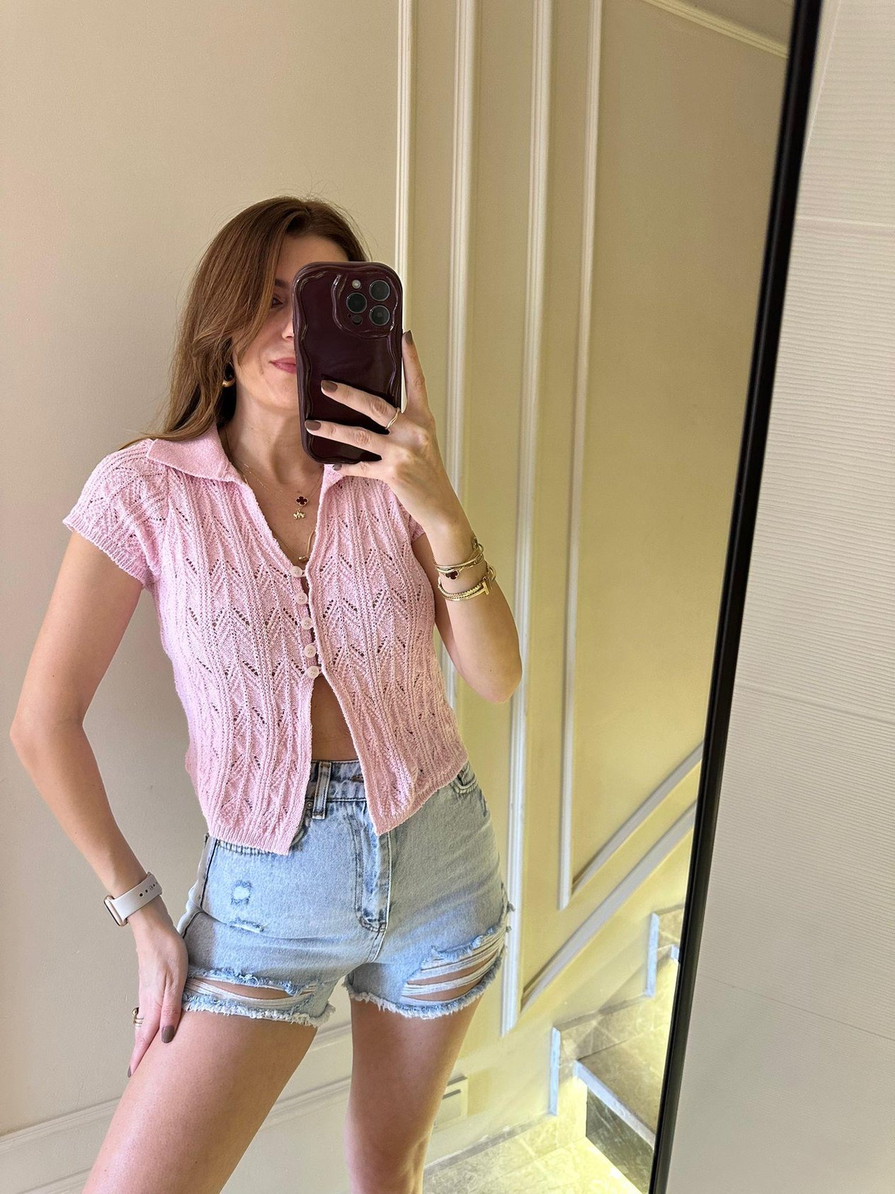 Pembe Polo Yaka Kolsuz Triko Bluz