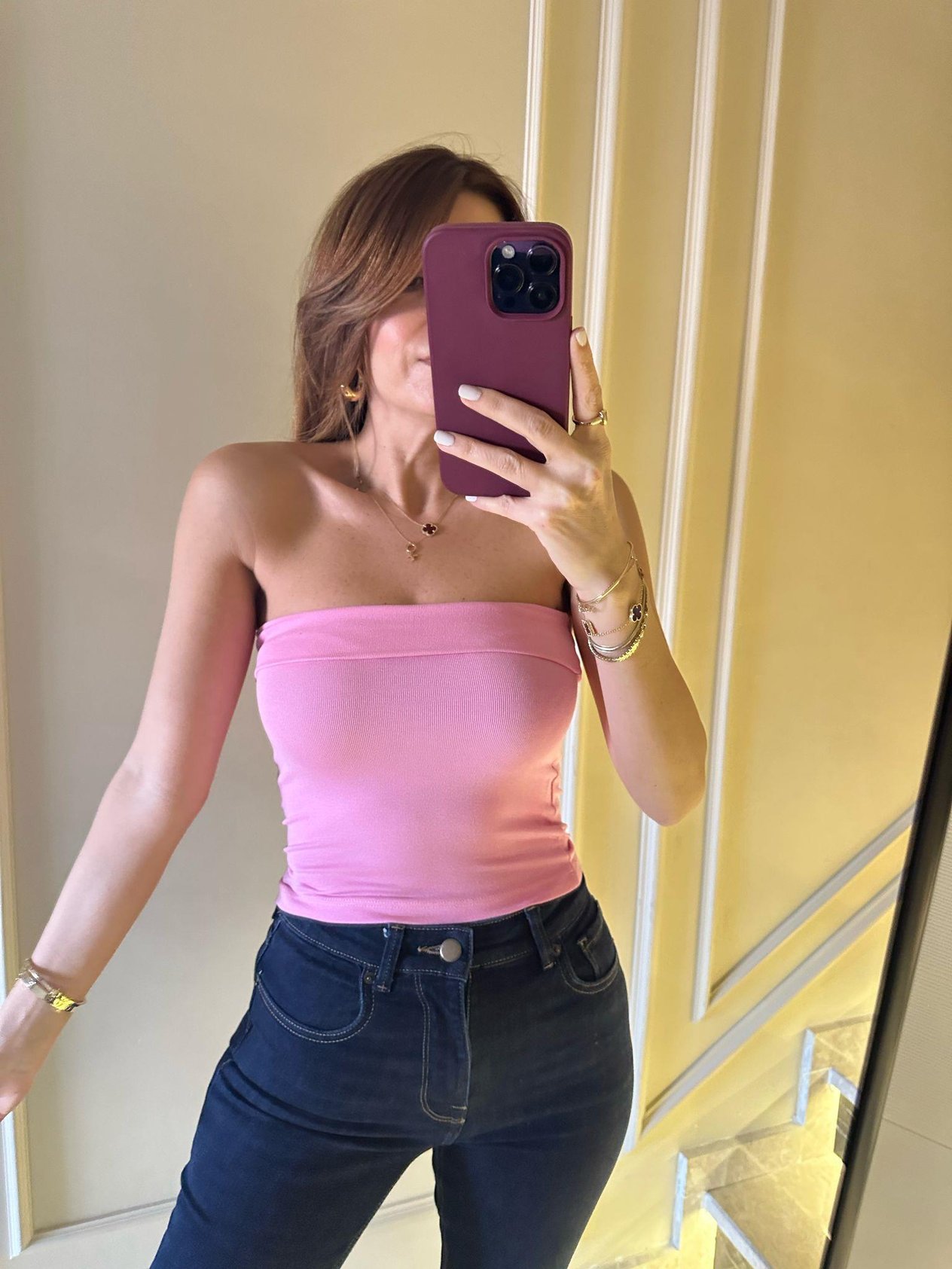Straplez BluzPembe Straplez Crop Bluz