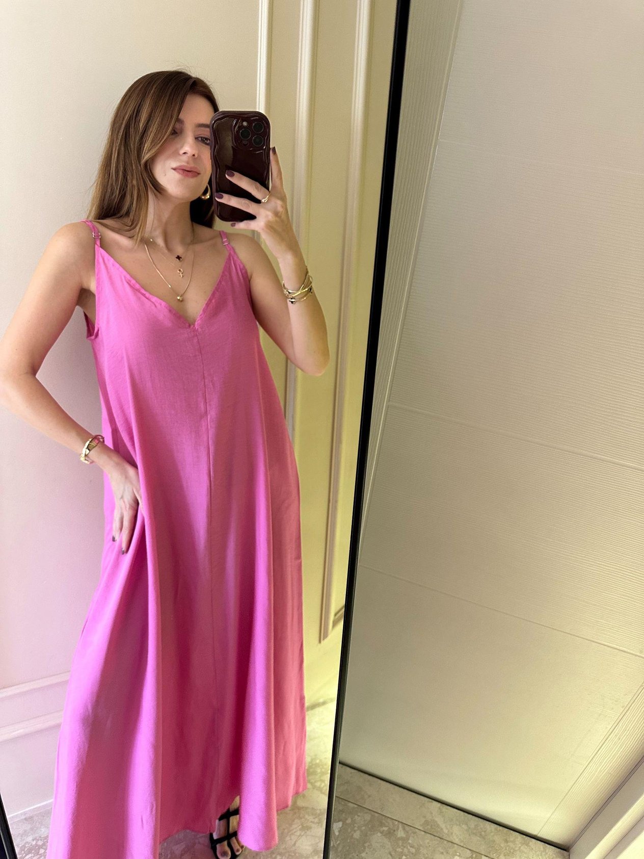 Pembe V Yaka Askılı Tensel Elbise