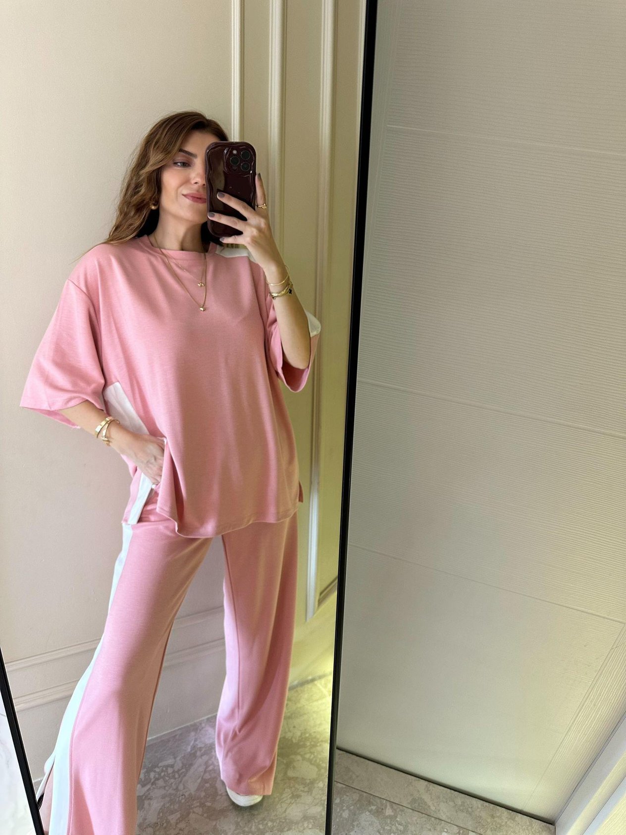 Pembe Yanları Şeritli Oys Kumaş Takım
