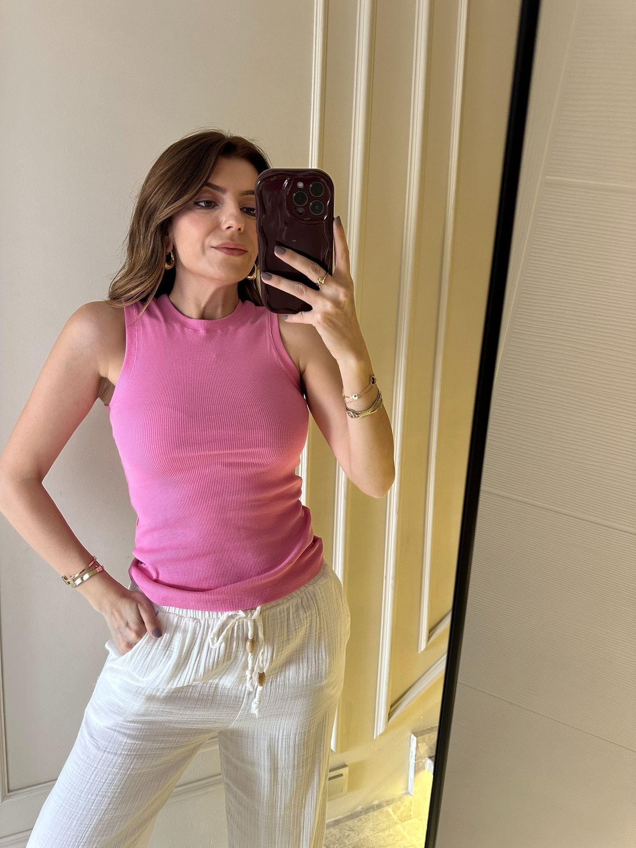 Halter Yaka BluzŞeker Pembe Yüzücü Biyeli Halter Yaka Bluz