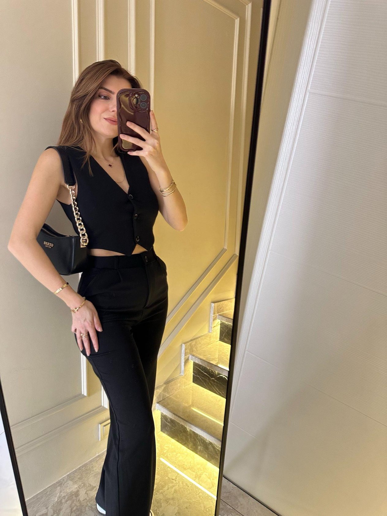 Siyah Krep Kumaş Yelekli Takım