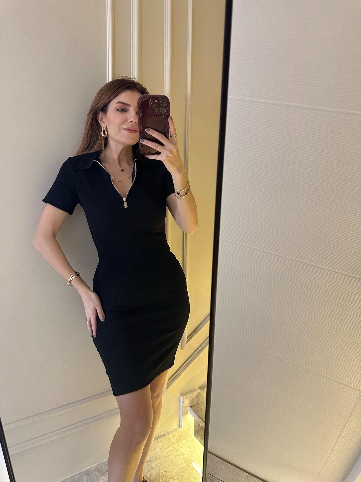 Askılı ElbiseSiyah Polo Yaka Fermuarlı Elbise