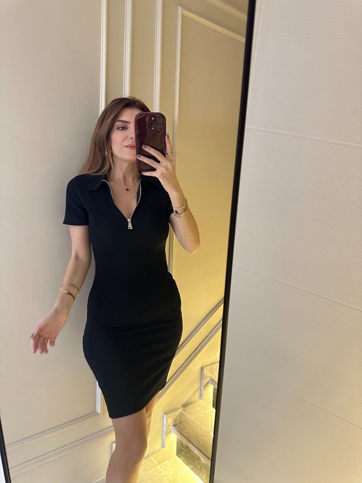Askılı ElbiseSiyah Polo Yaka Fermuarlı Elbise