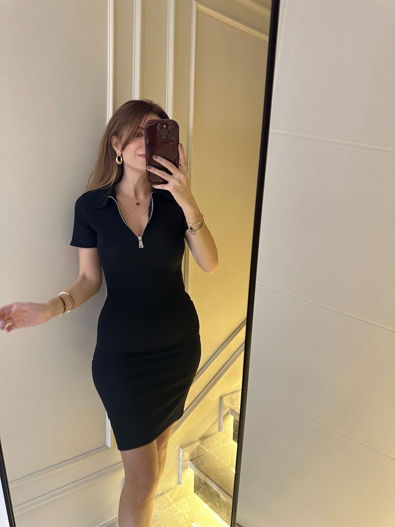 Askılı ElbiseSiyah Polo Yaka Fermuarlı Elbise