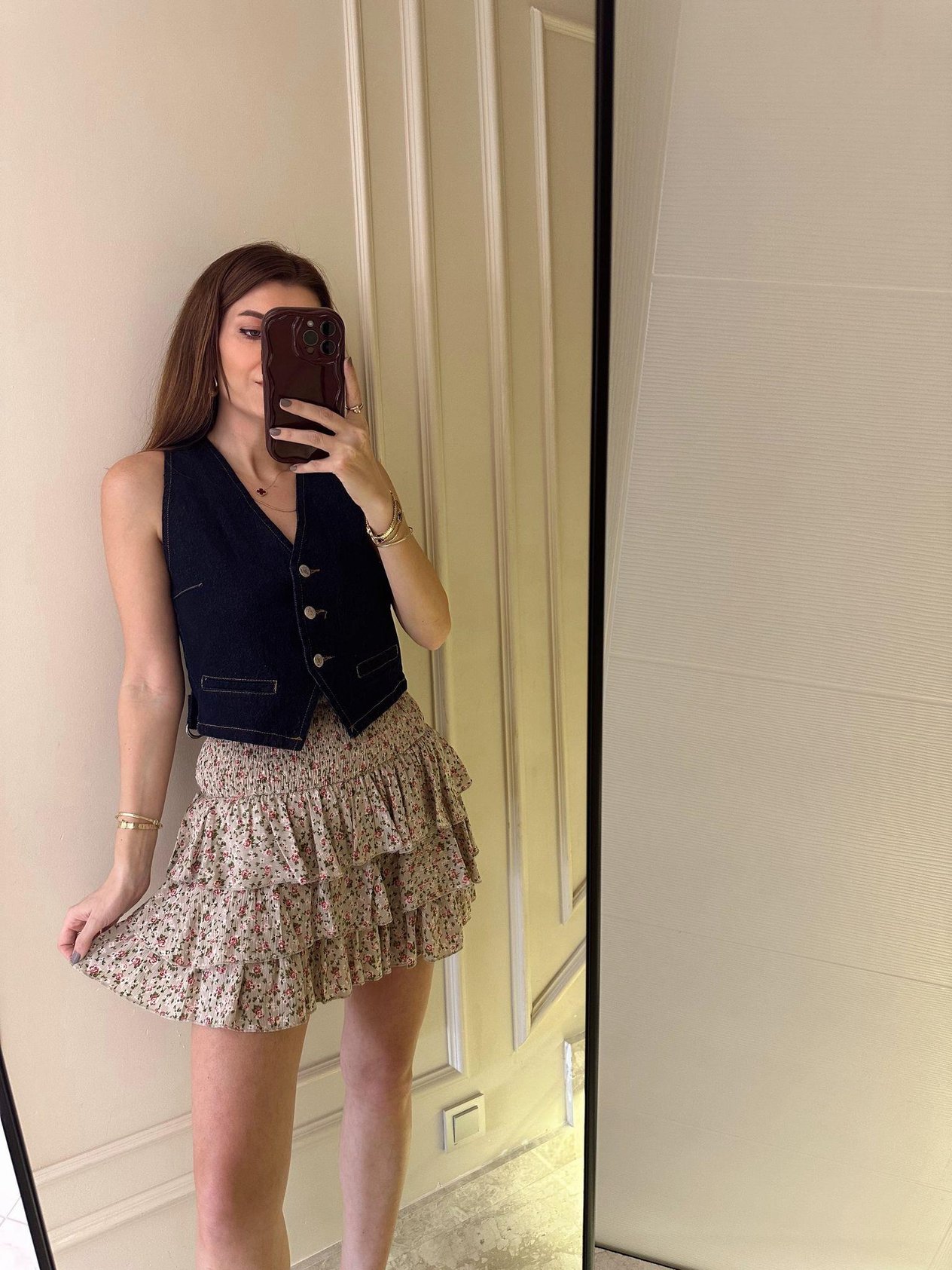 Vizon Çiçek Desen Katlı Etek
