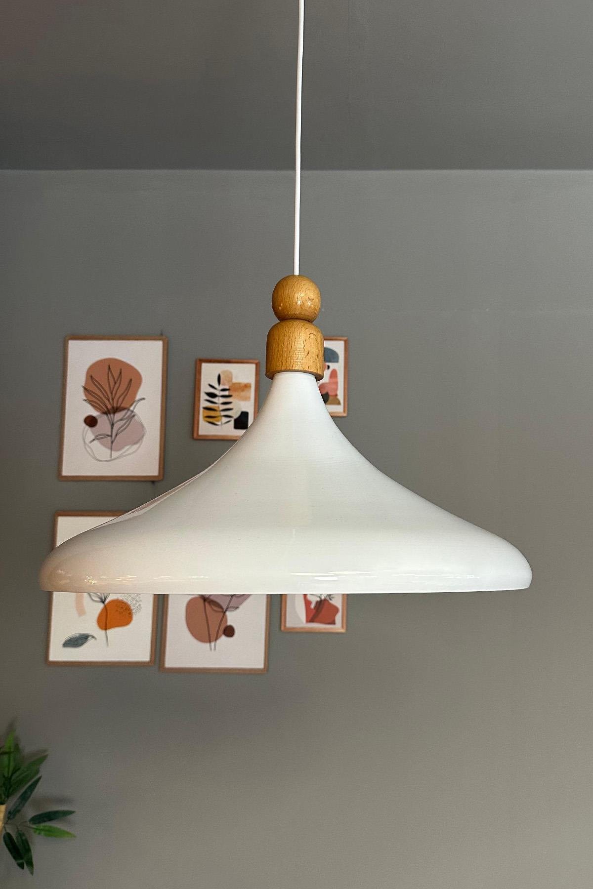 45 Cm Çap Champion XL Beyaz Kalın Ahşap Boncuk Avize Tekli Sarkıt Lamba Restoran Salon Mutfak Avize
