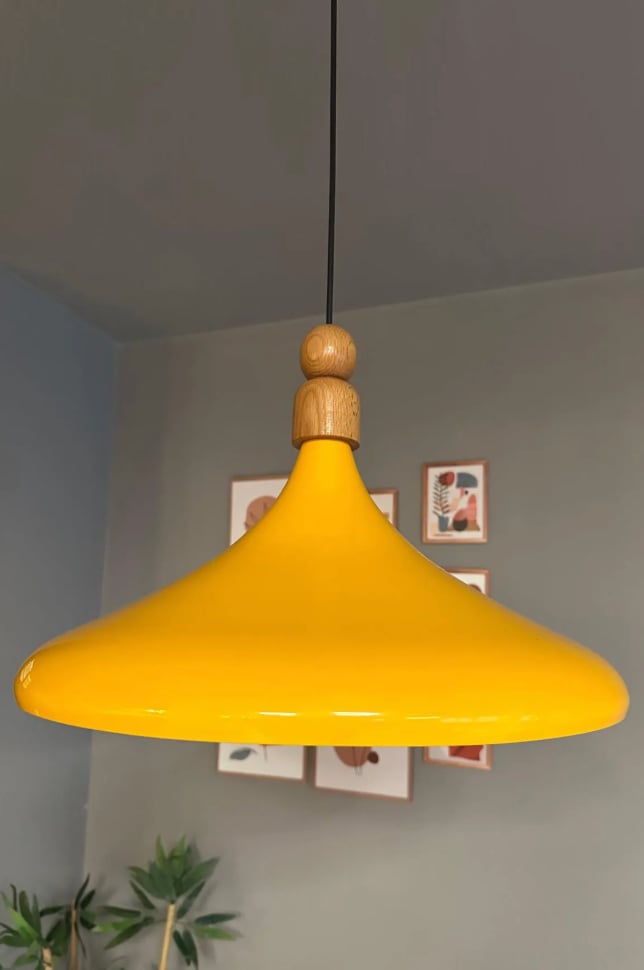 45 Cm Çap Champion XL Sarı Kalın Ahşap Boncuk Avize Tekli Sarkıt Lamba Restoran Salon Mutfak Avize