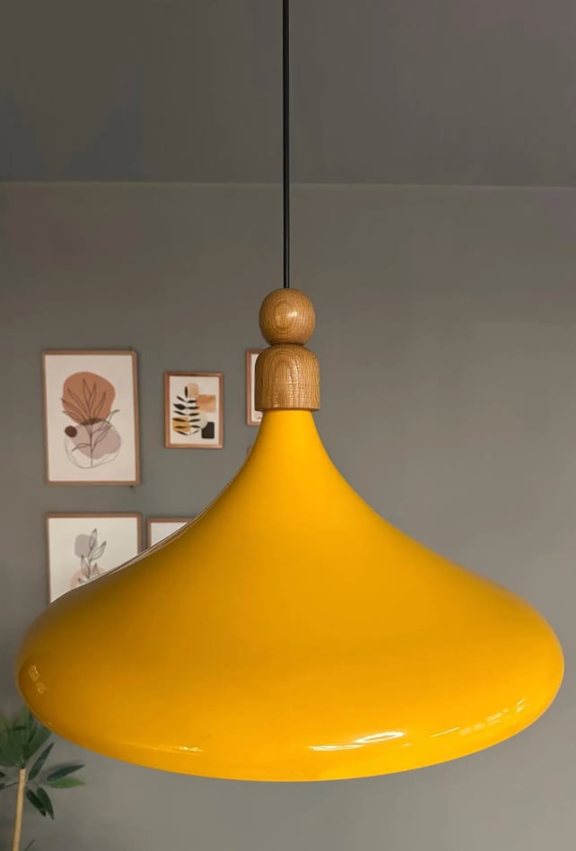 45 Cm Çap Champion XL Sarı Kalın Ahşap Boncuk Avize Tekli Sarkıt Lamba Restoran Salon Mutfak Avize