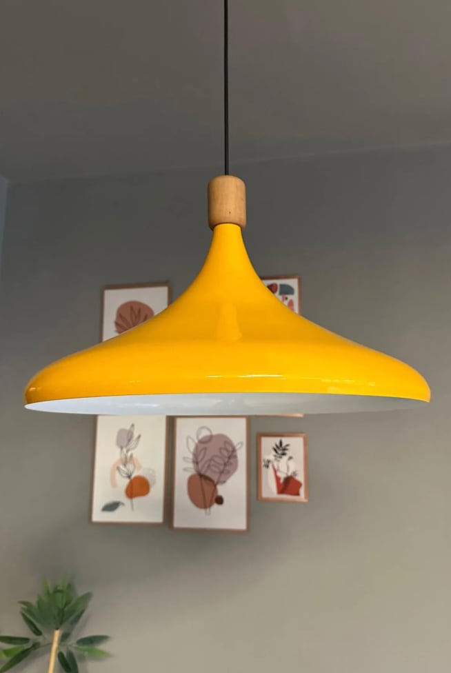 45 Cm Çap XL Sarı Silindir Ahşap Başlık Avize Tekli Sarkıt Lamba Restoran Salon Mutfak Avize