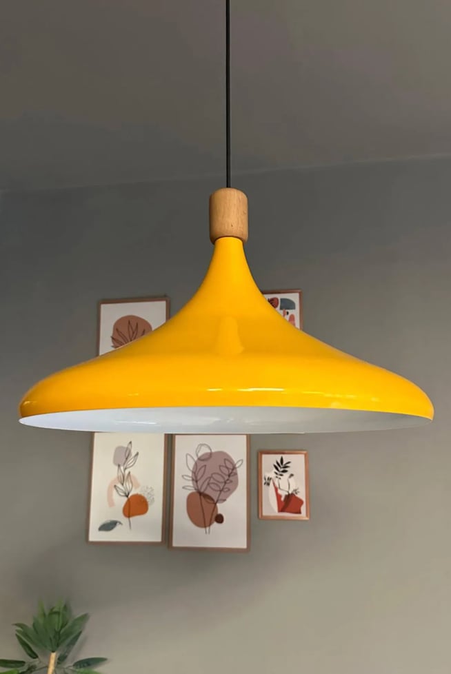 45 Cm Çap XL Sarı Silindir Ahşap Başlık Avize Tekli Sarkıt Lamba Restoran Salon Mutfak Avize