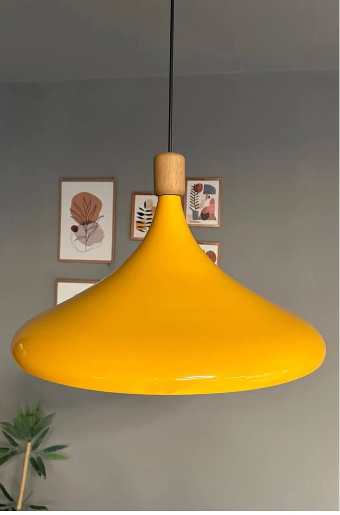 45 Cm Çap XL Sarı Silindir Ahşap Başlık Avize Tekli Sarkıt Lamba Restoran Salon Mutfak Avize