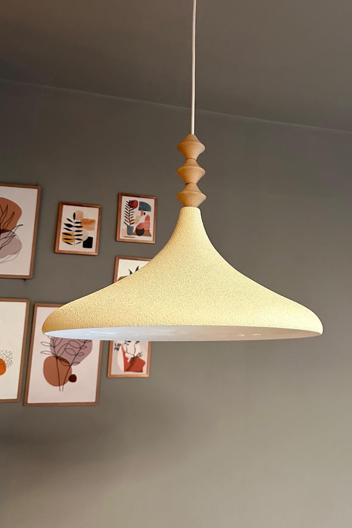 45 cm Çaplı XL Dokulu Açık Krem Q Ahşap Başlık Avize Tekli Sarkıt Restoran Salon Mutfak Avizeleri