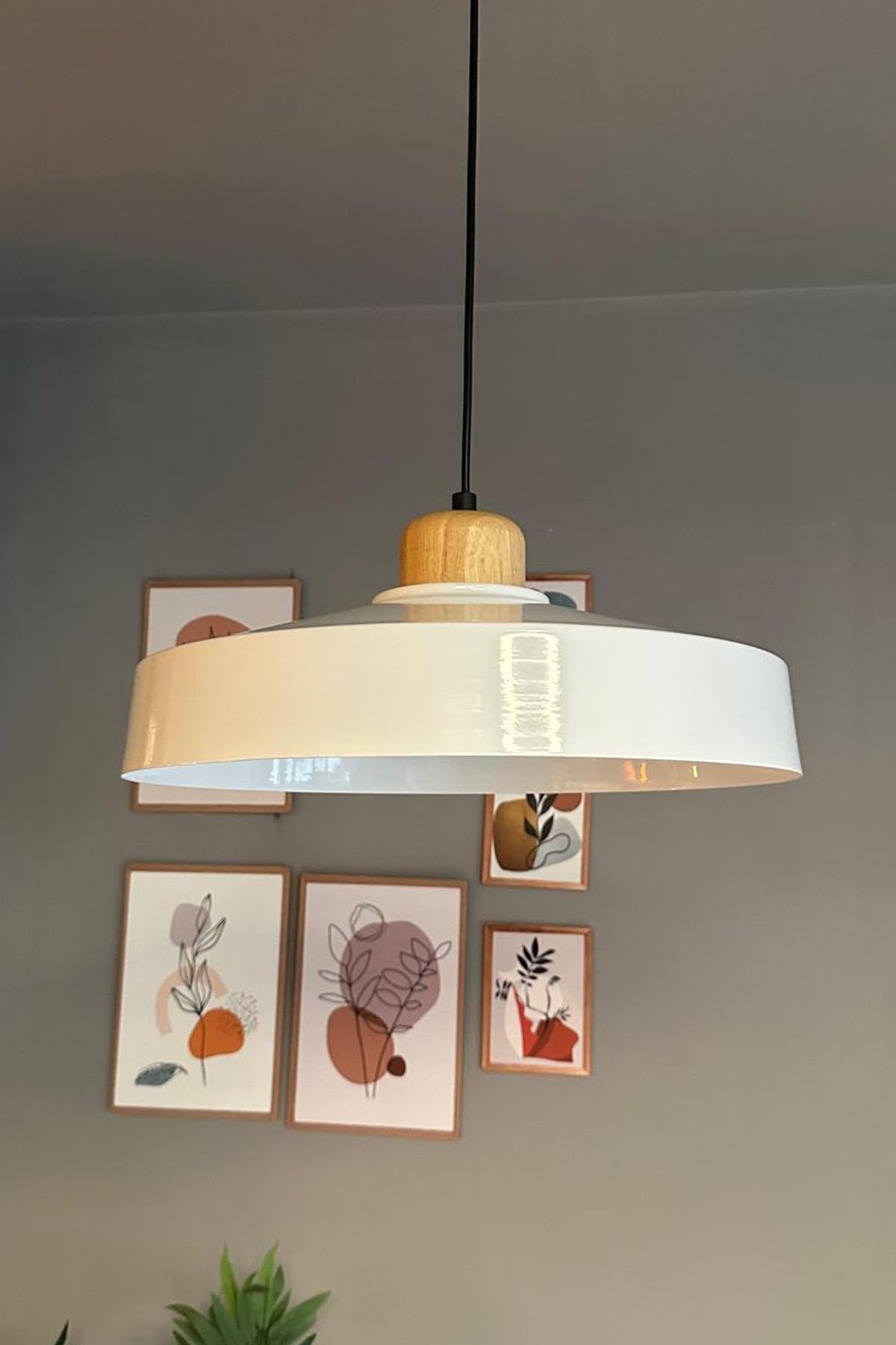 Açe Beyaz Tekli Geniş Ahşap Başlık Avize Retro Sarkıt Ofis Showroom Salon Mutfak Avizeleri