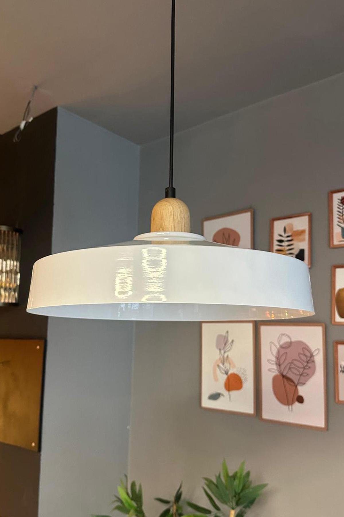 Açe Beyaz Tekli Kalın Ahşap Başlık Avize Retro Sarkıt Ofis Showroom Salon Mutfak Avizeleri